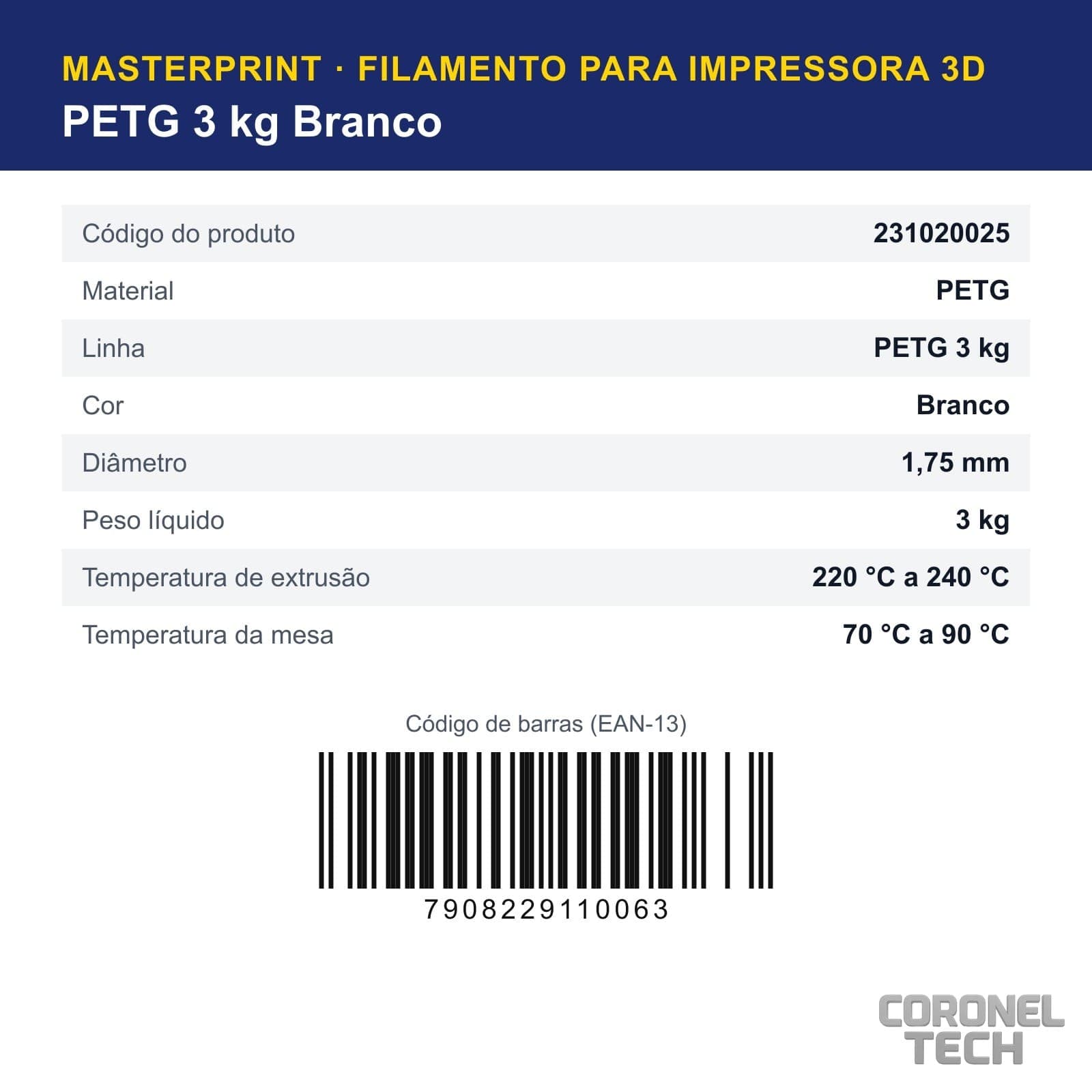PETG Branco: dados e códigos do produto