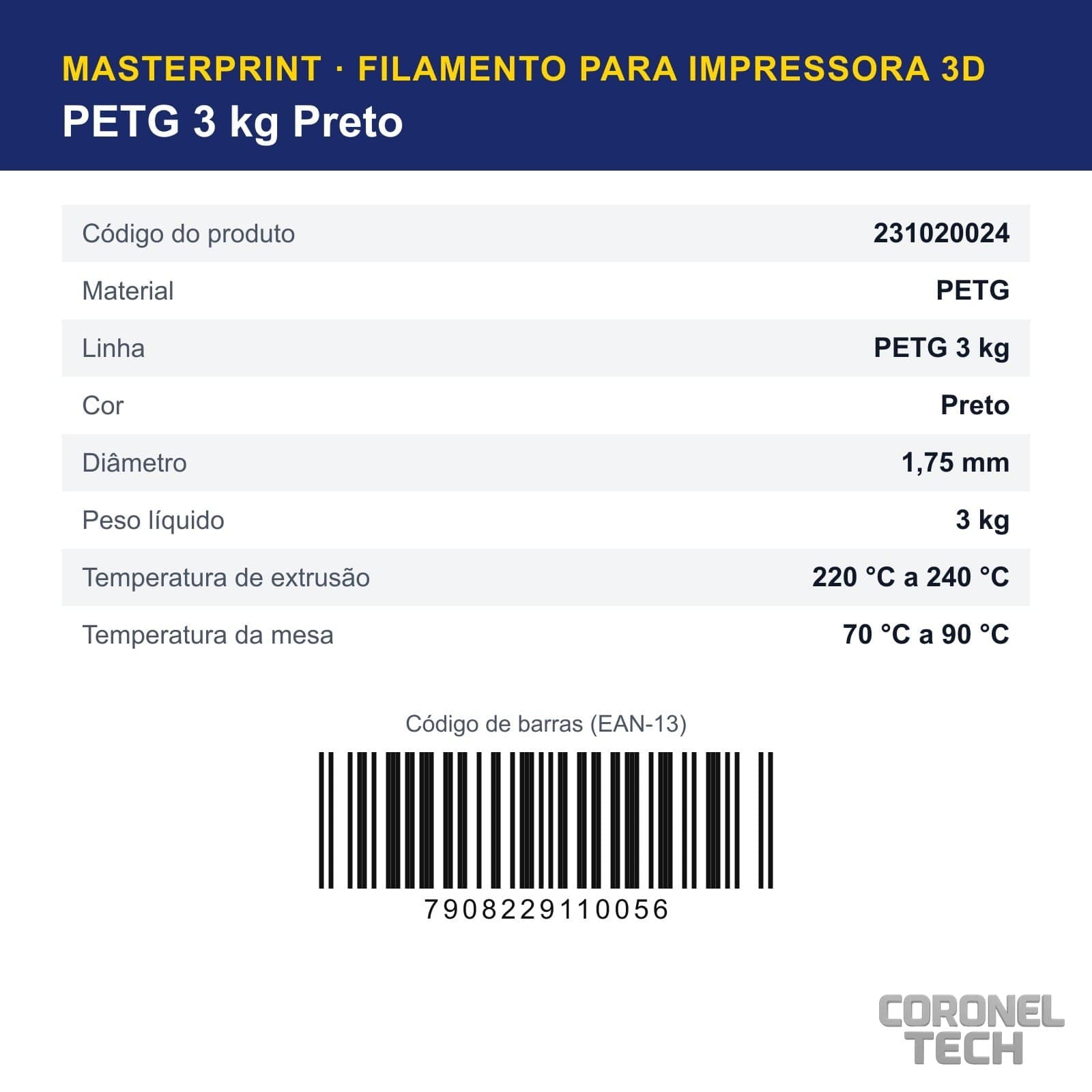 PETG Preto: dados e códigos do produto