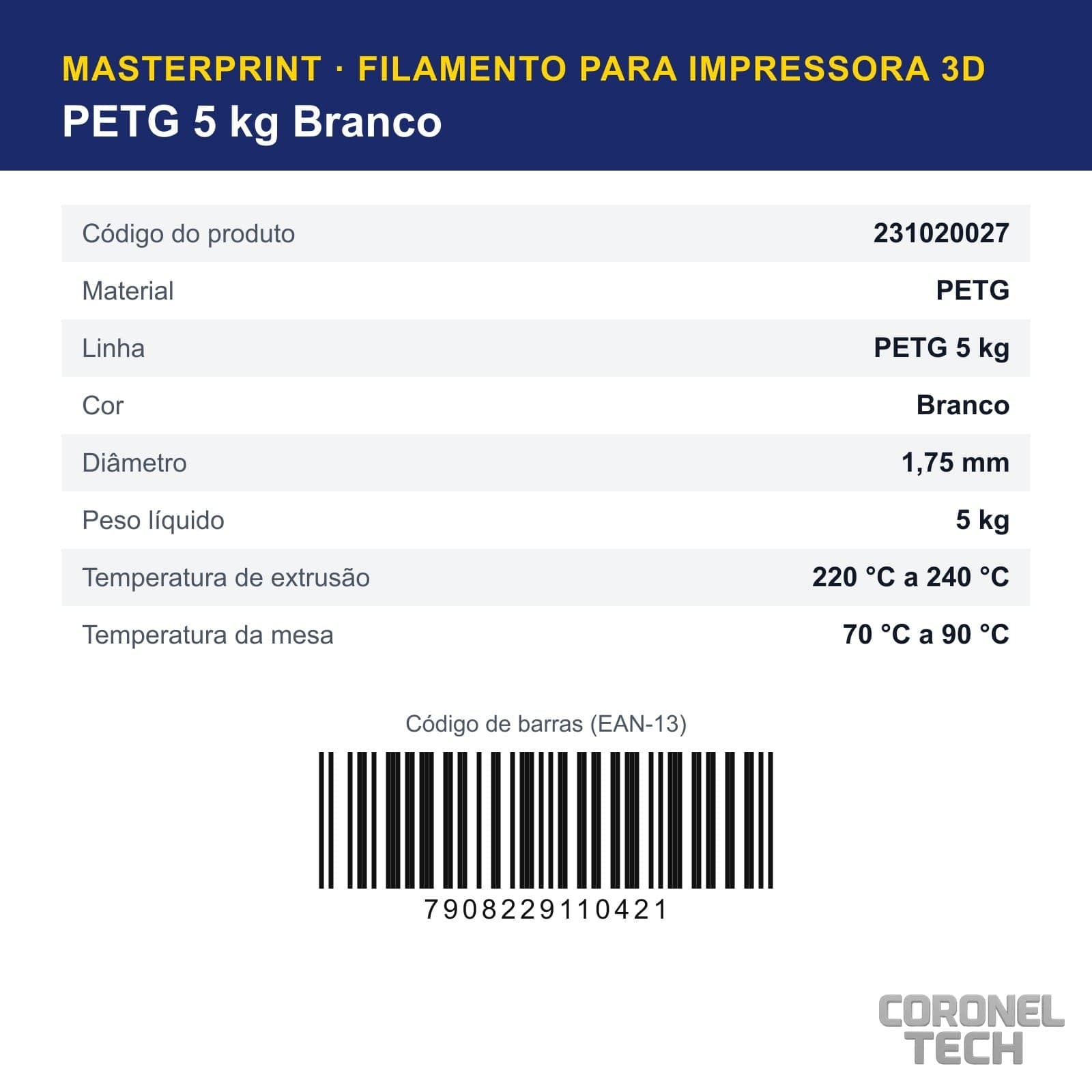PETG Branco: dados e códigos do produto