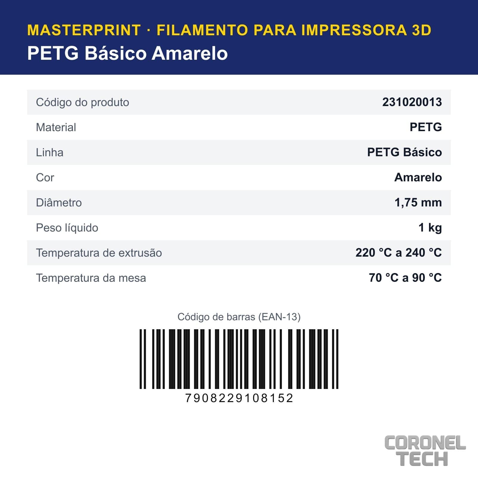 PETG Amarelo: dados e códigos do produto