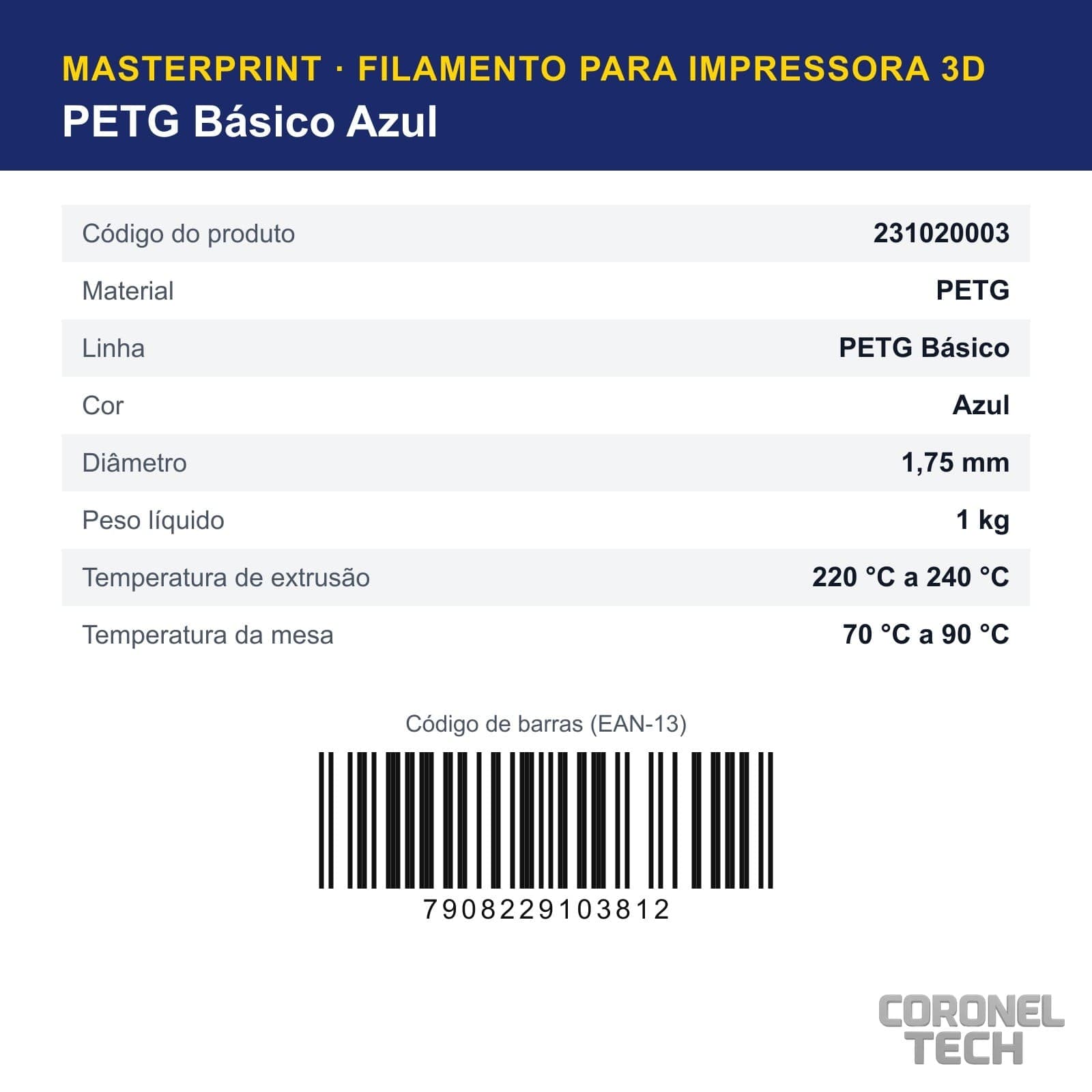 PETG Azul: dados e códigos do produto