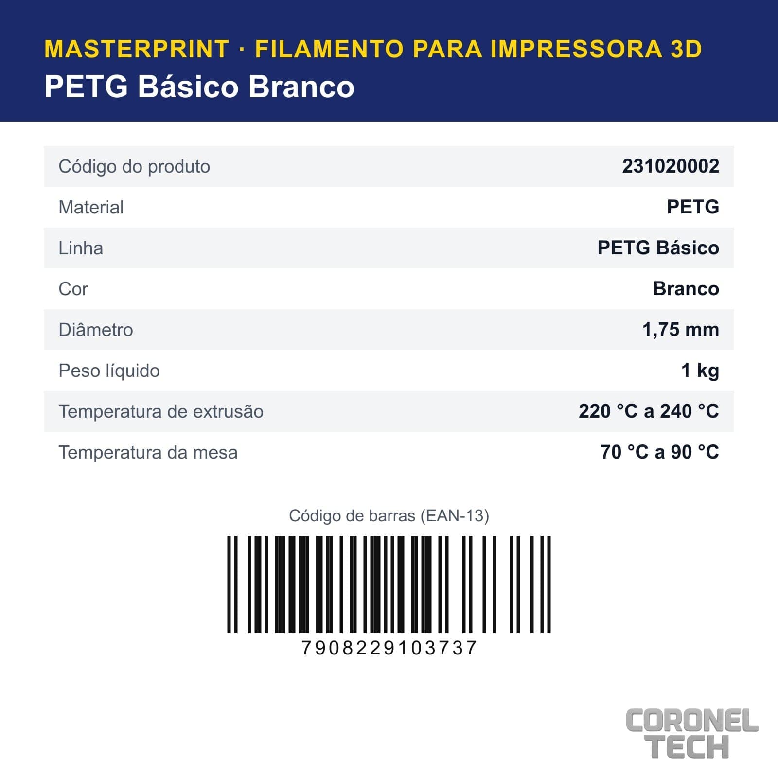 PETG Branco: dados e códigos do produto