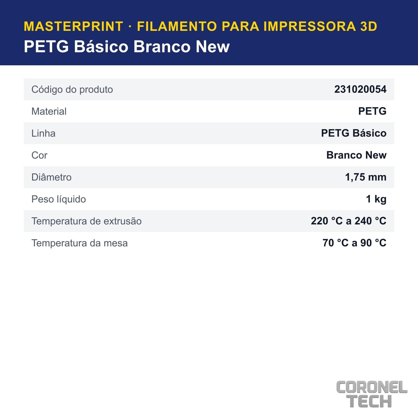 PETG Branco New: dados e códigos do produto