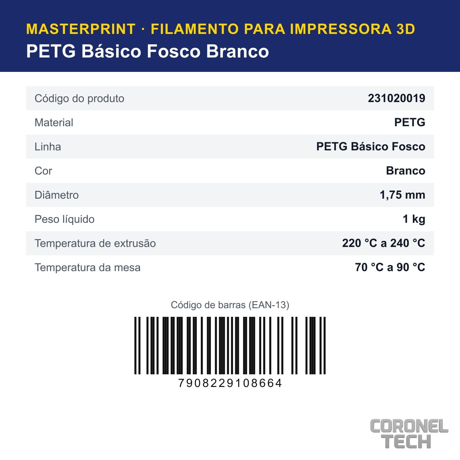 PETG Fosco Branco: dados e códigos do produto