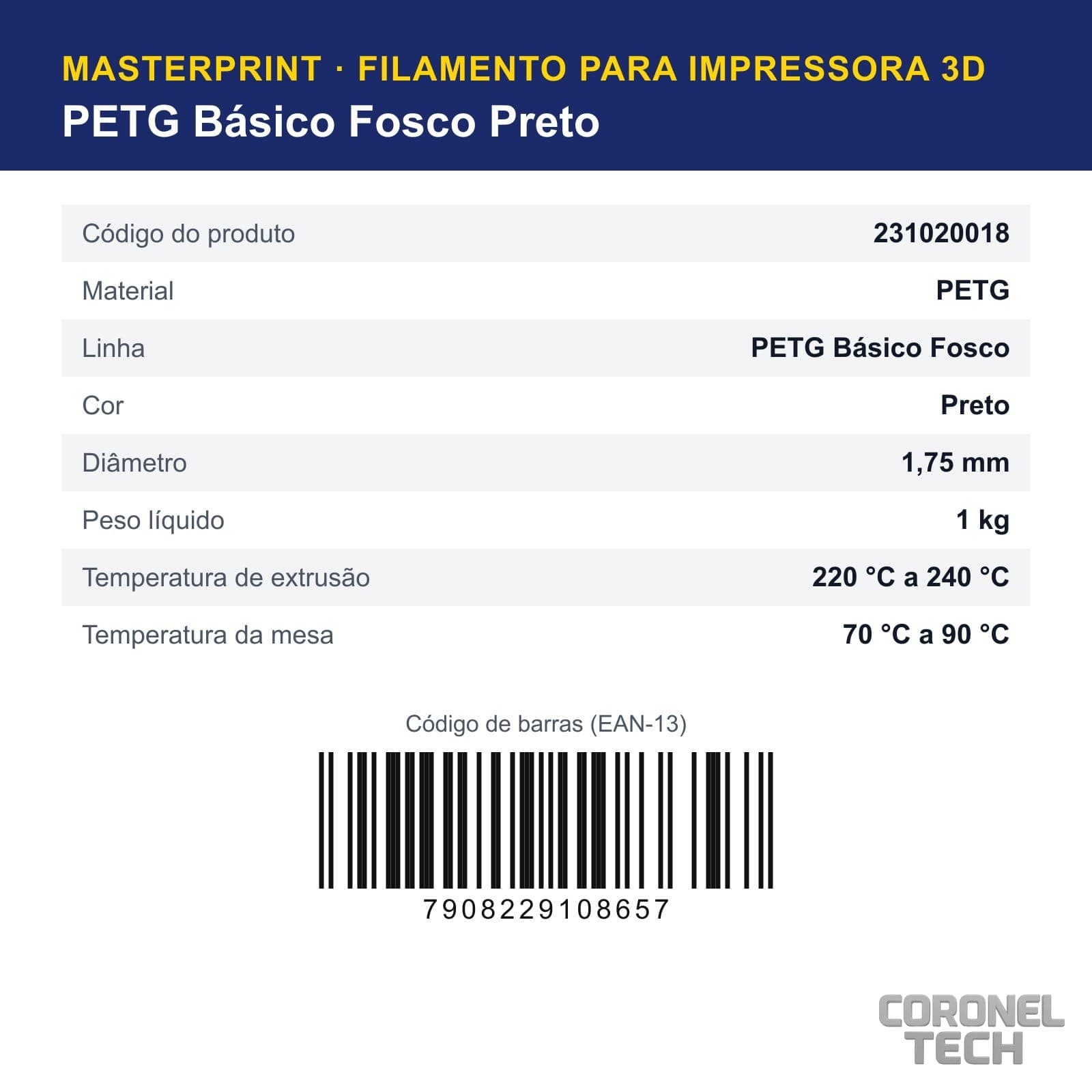 PETG Fosco Preto: dados e códigos do produto