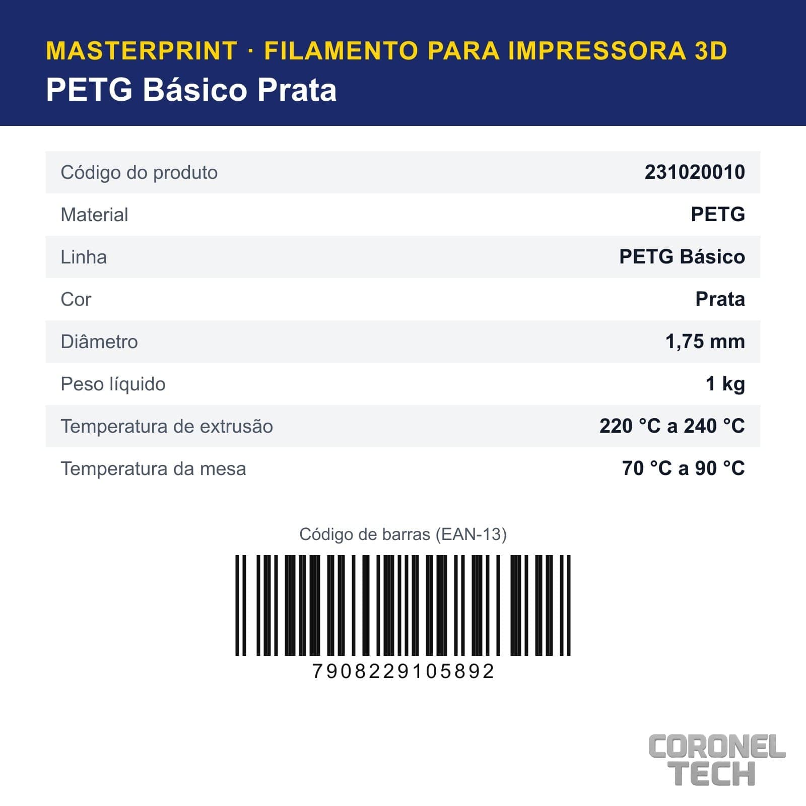 PETG Prata: dados e códigos do produto