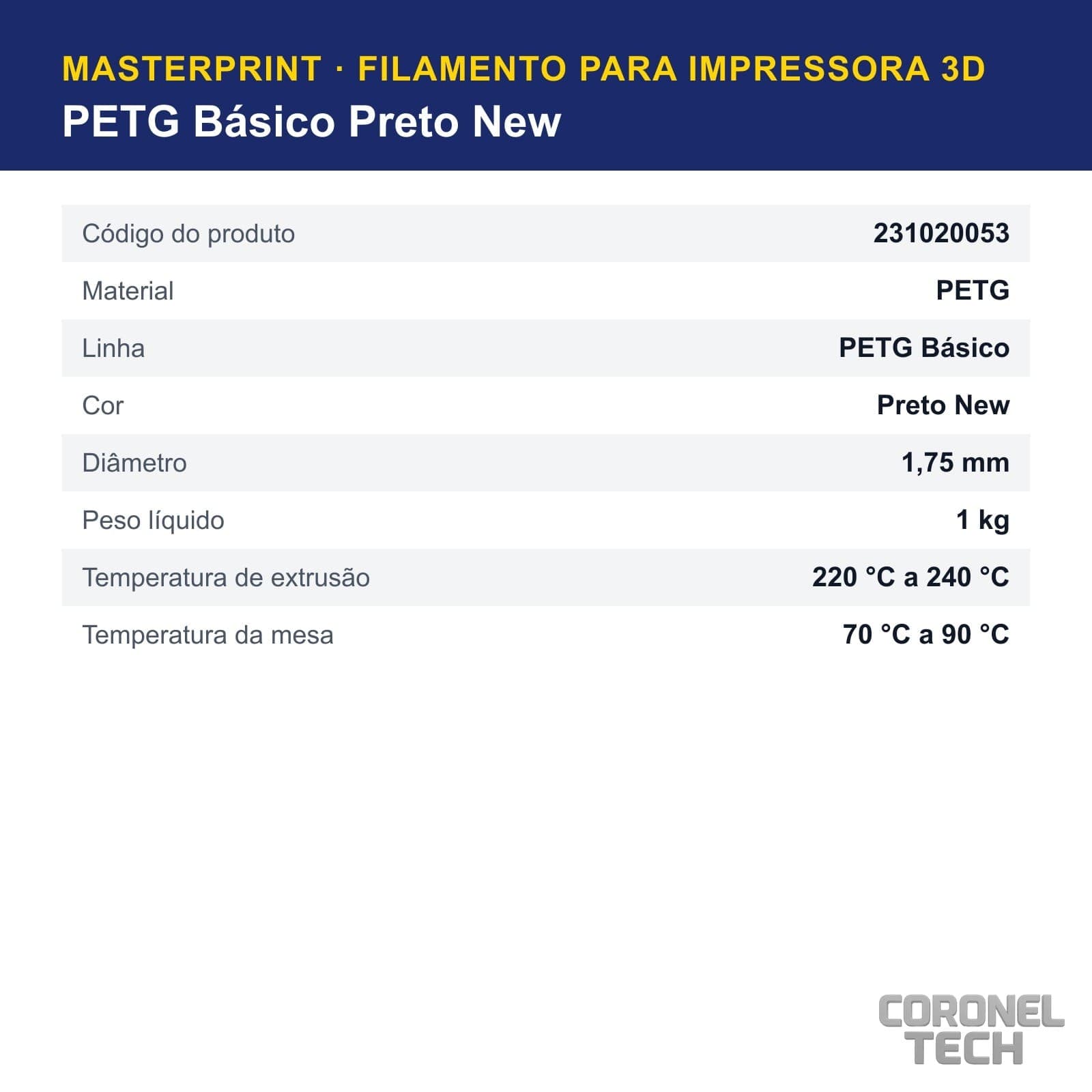 PETG Preto New: dados e códigos do produto