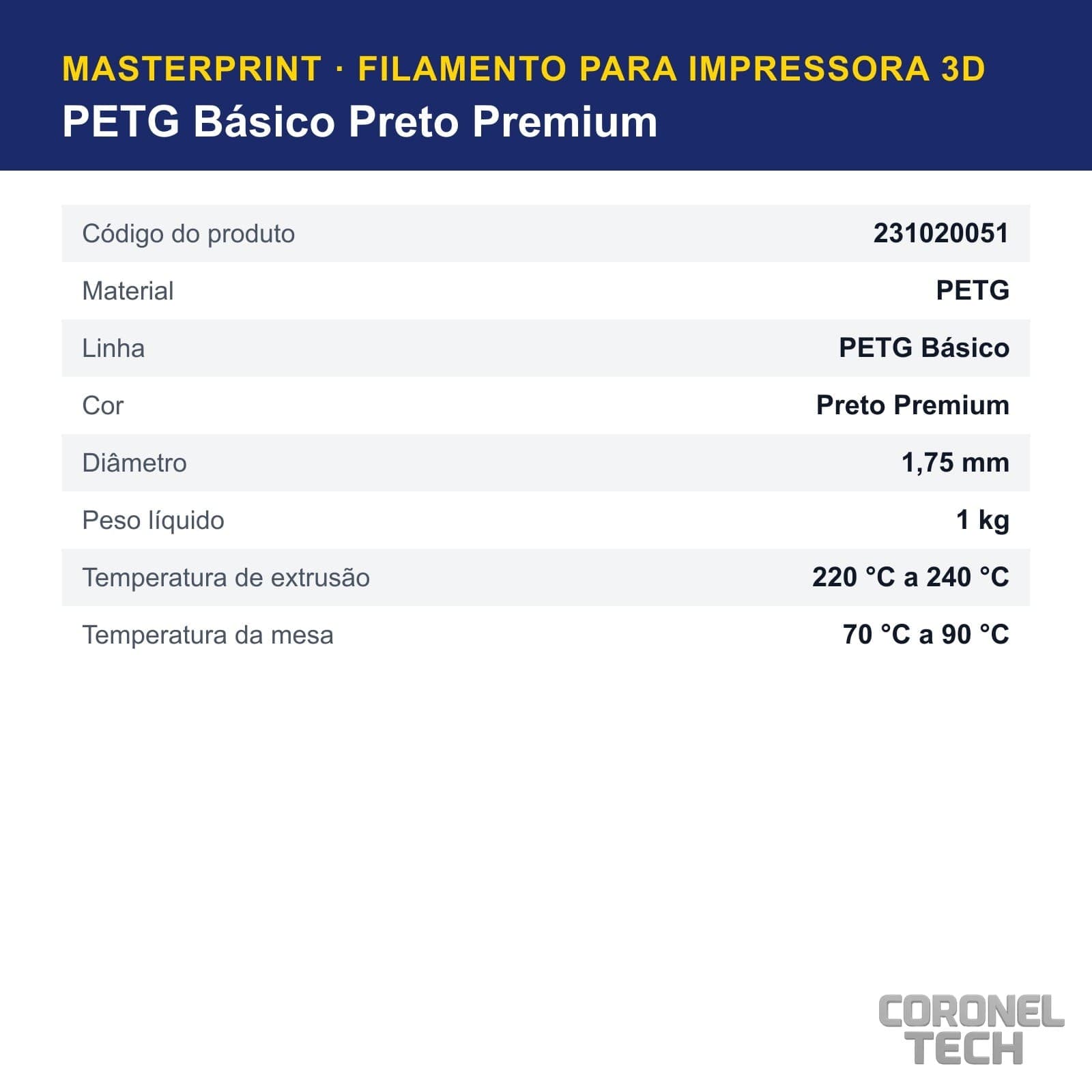 PETG Preto Premium: dados e códigos do produto