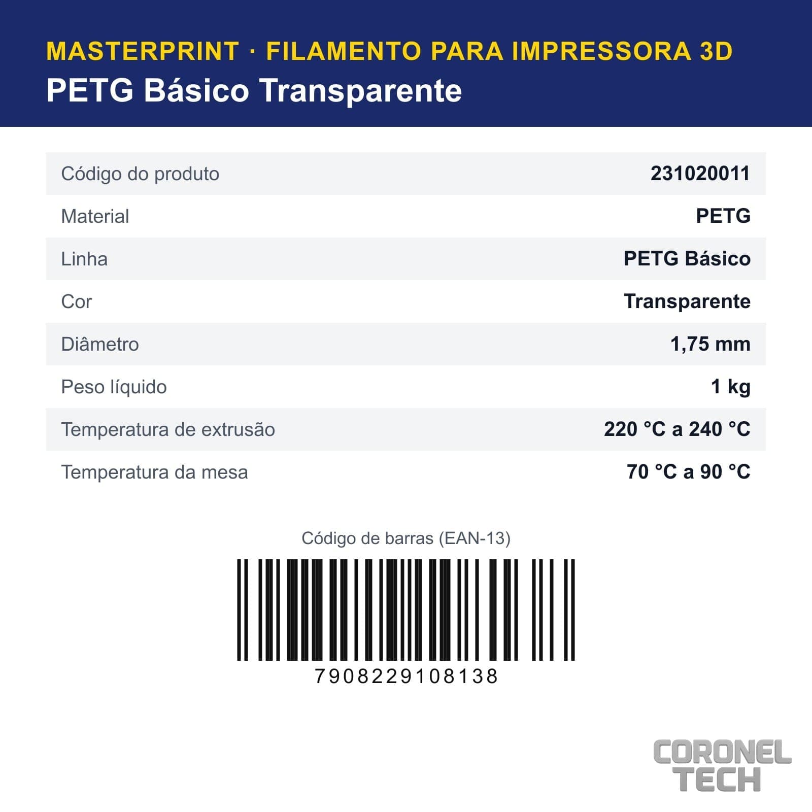 PETG Transparente: dados e códigos do produto