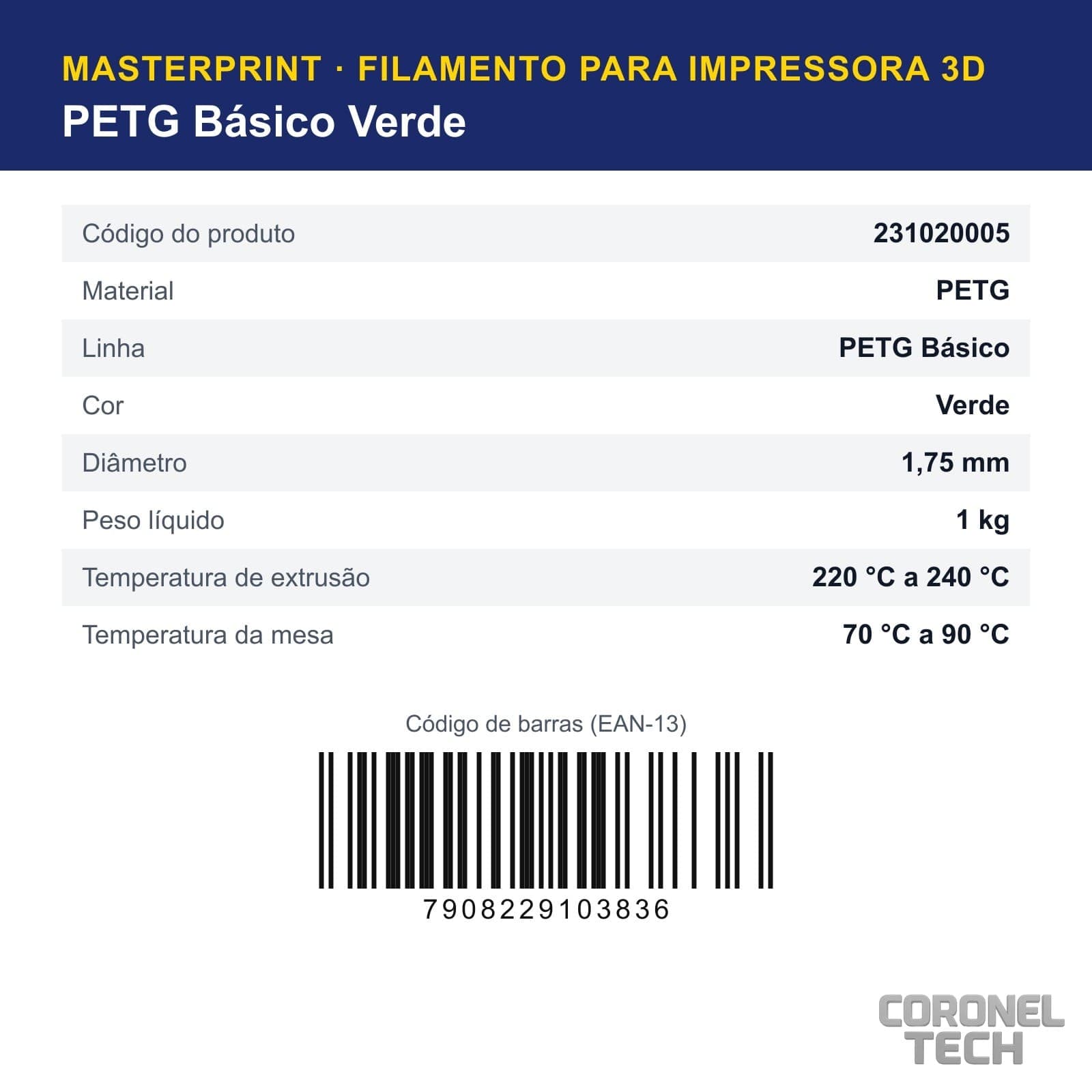 PETG Verde: dados e códigos do produto