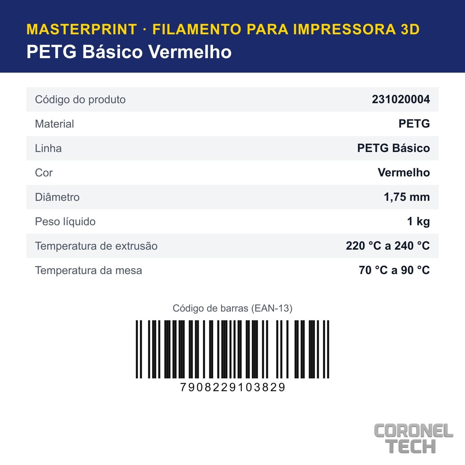 PETG Vermelho: dados e códigos do produto