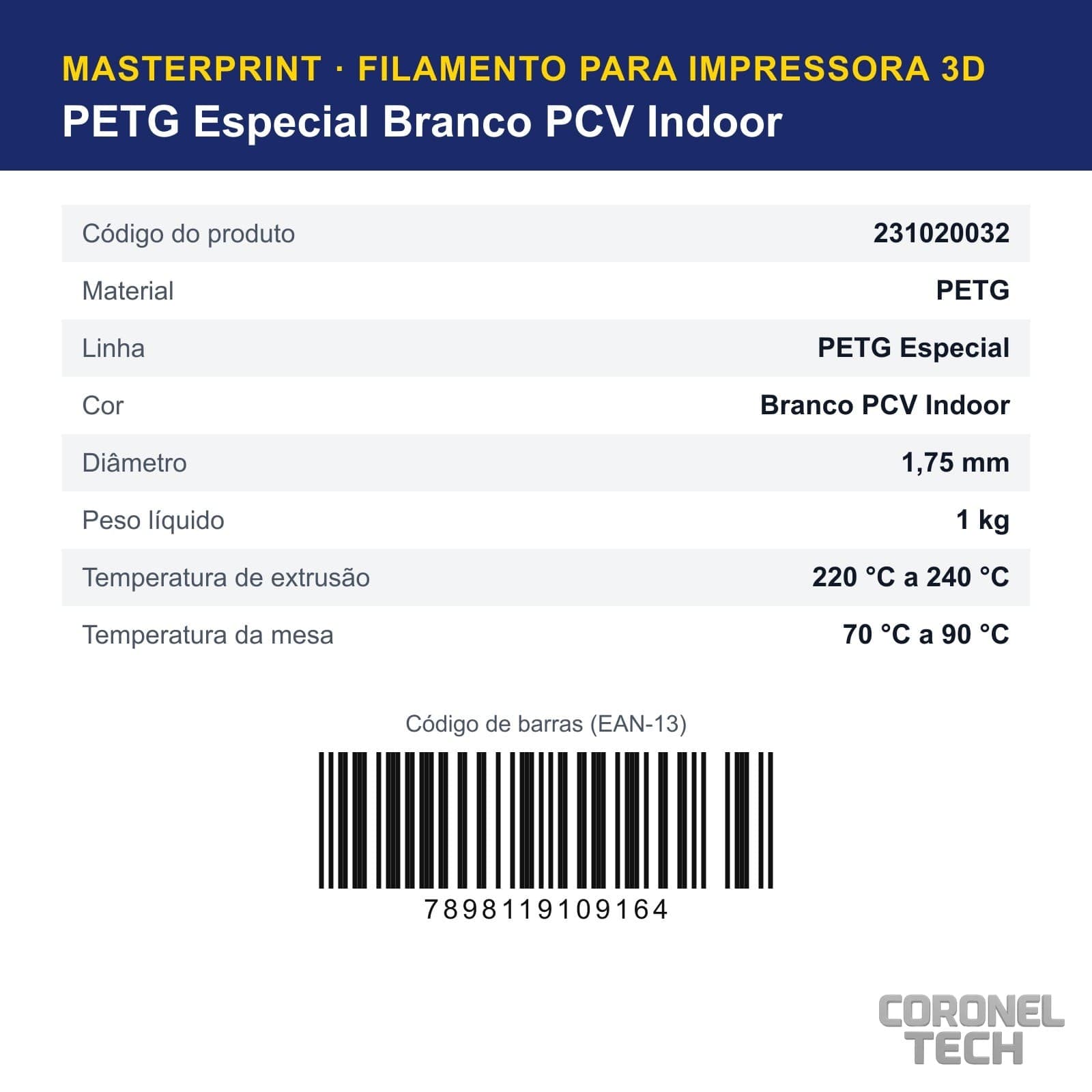 PETG Especial Branco PCV Indoor: dados e códigos do produto
