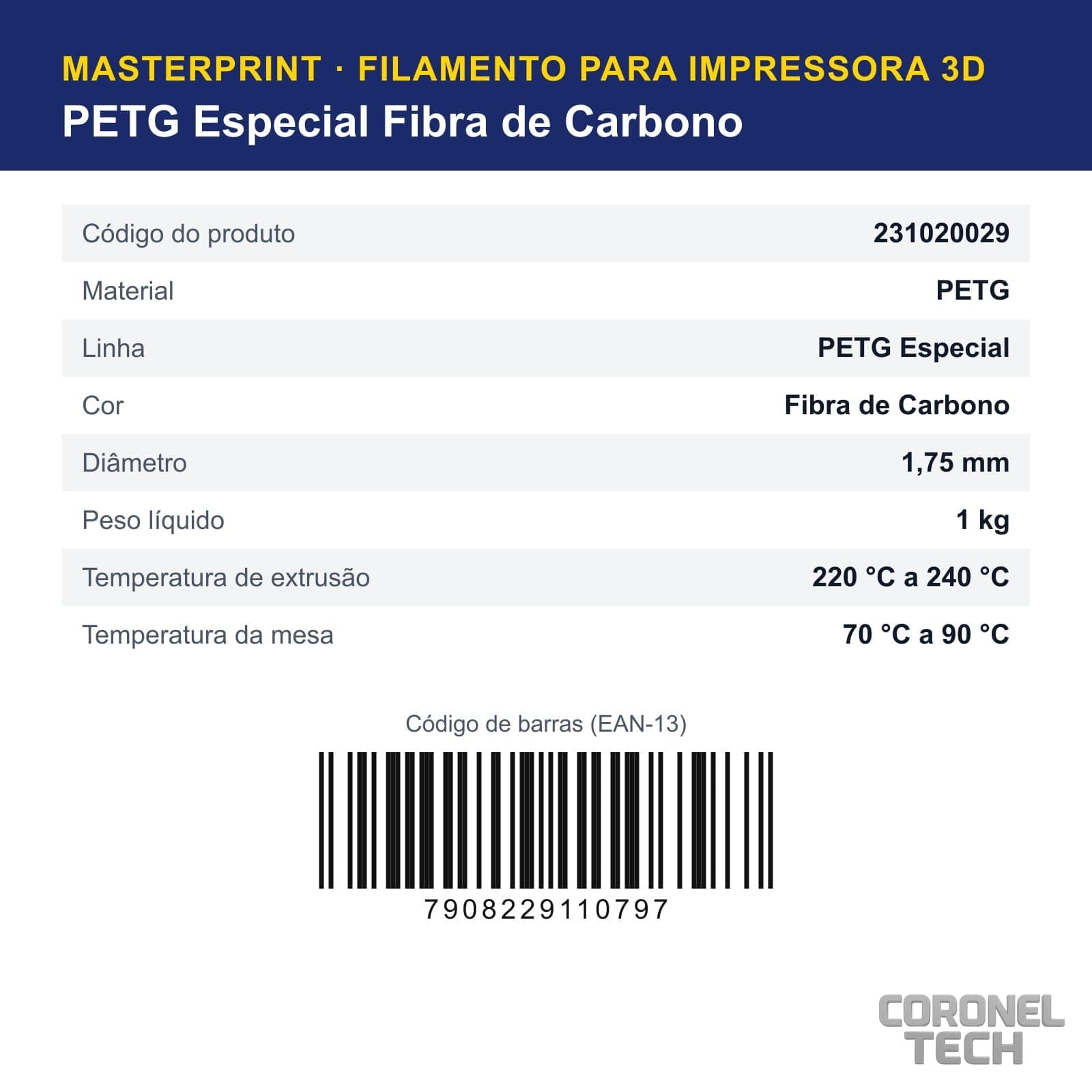 PETG Especial Fibra de Carbono: dados e códigos do produto