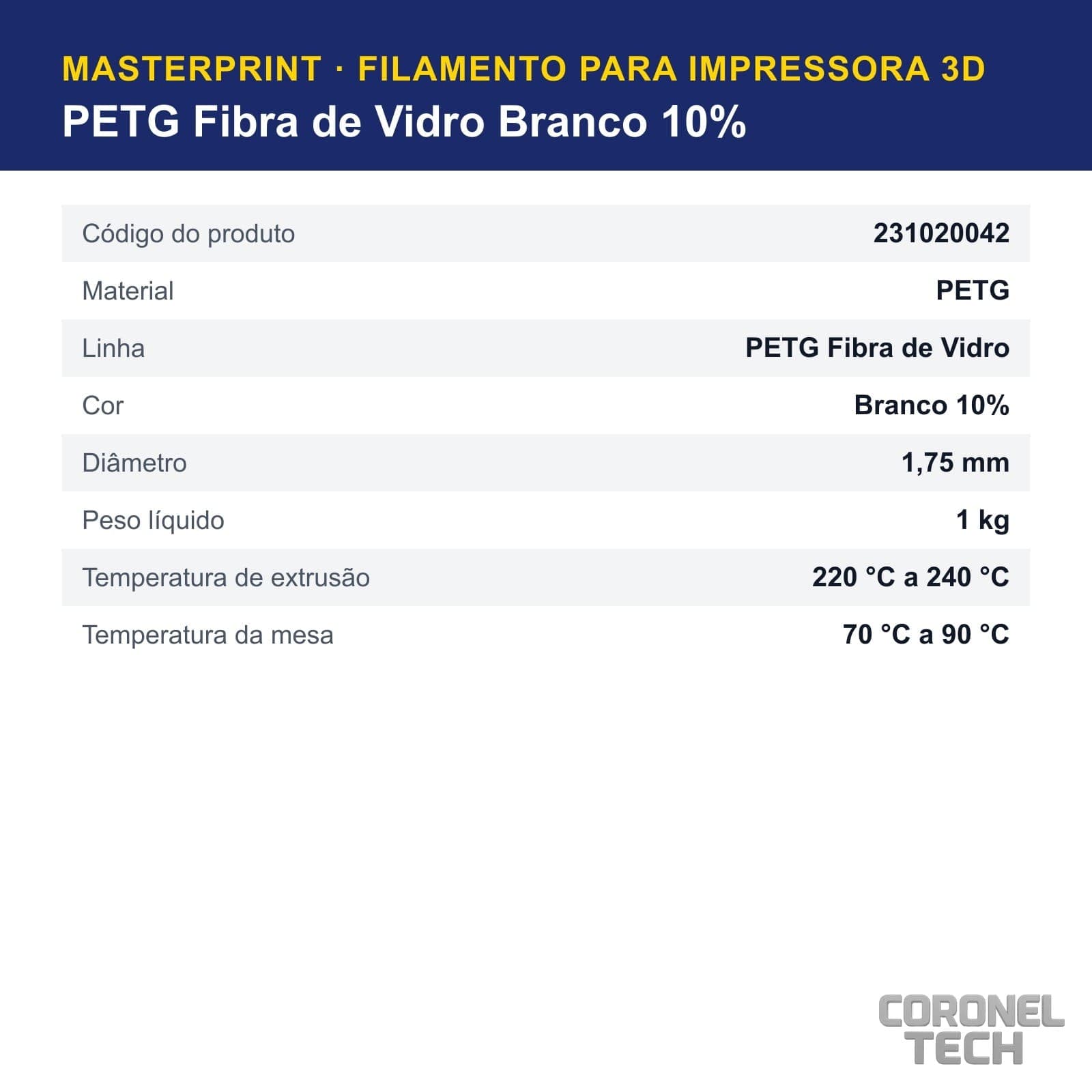 PETG Fibra de Vidro Branco 10%: dados e códigos do produto