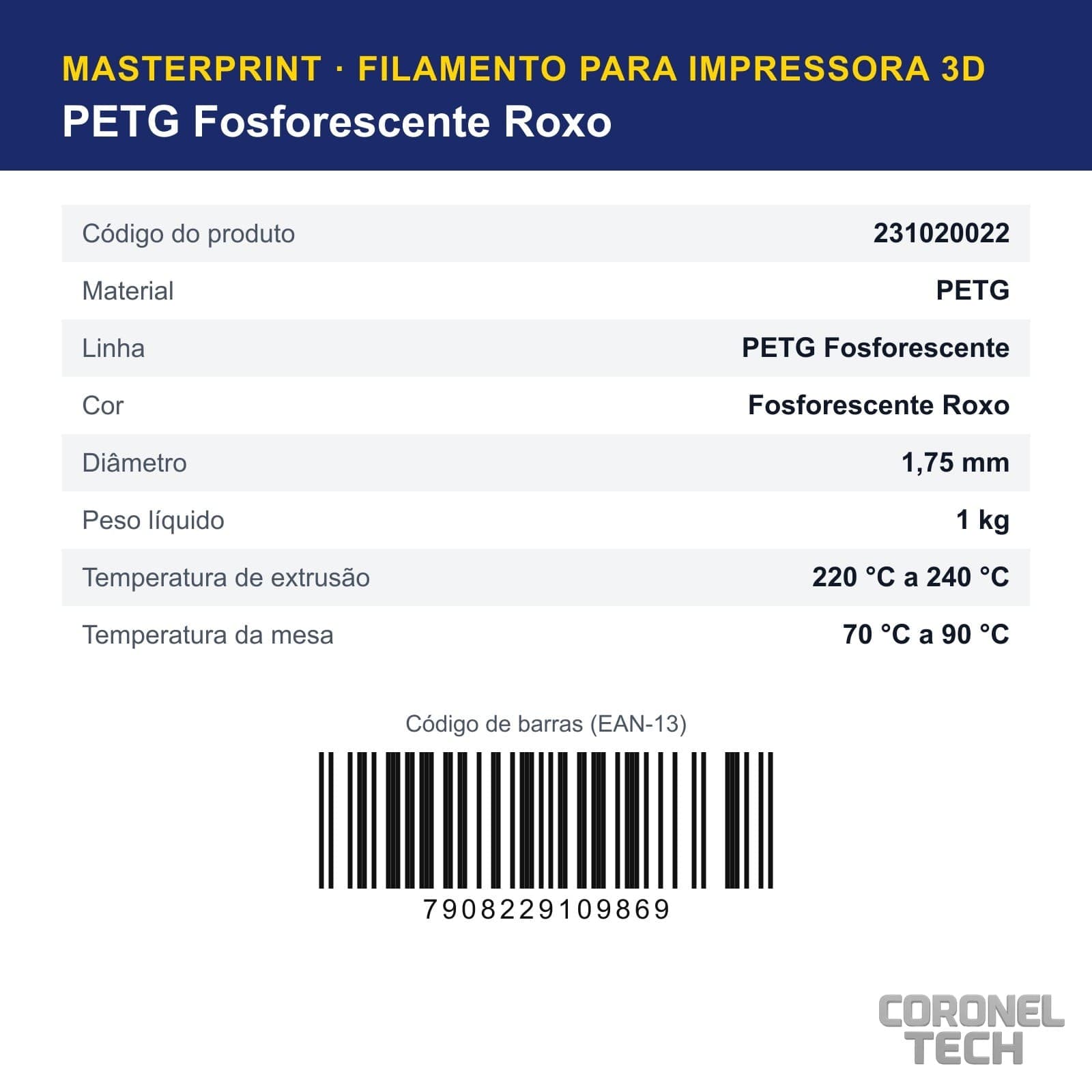 PETG Fosforescente Roxo: dados e códigos do produto