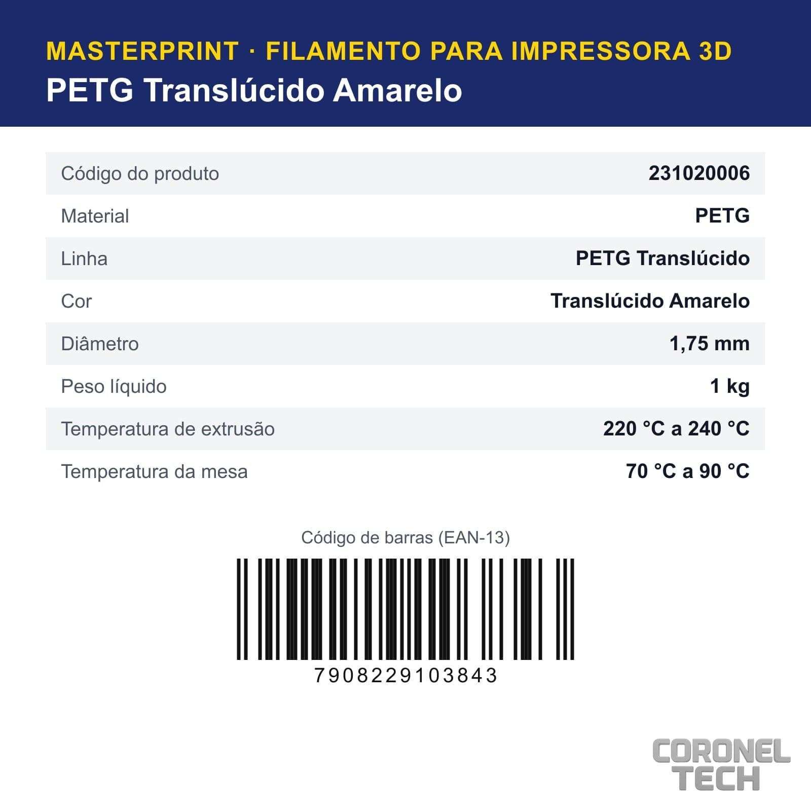 PETG Translúcido Amarelo: dados e códigos do produto