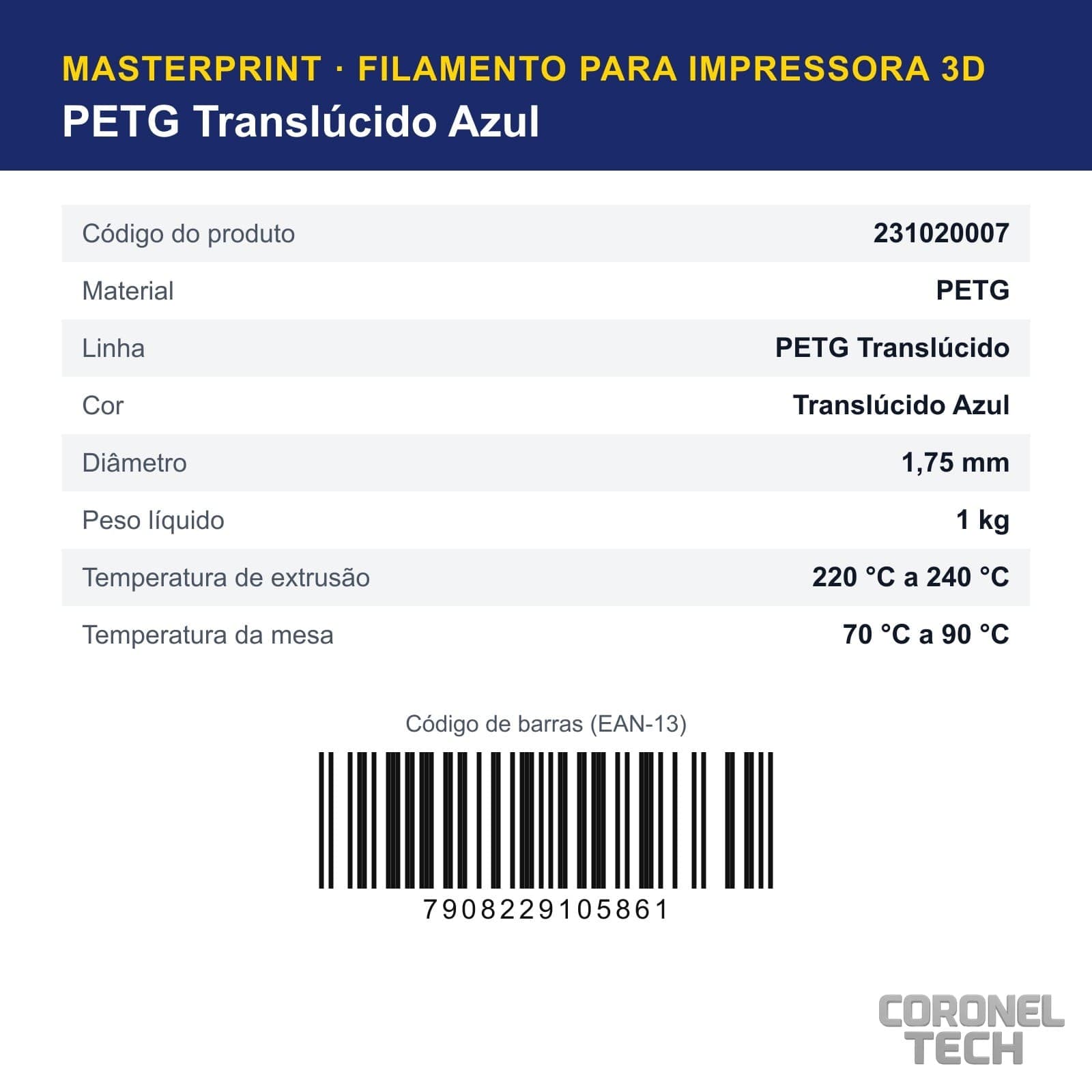 PETG Translúcido Azul: dados e códigos do produto