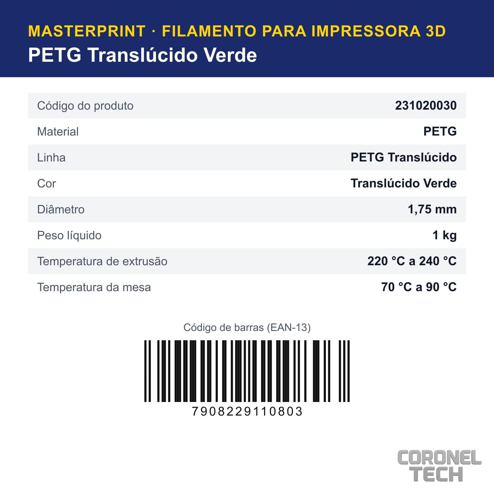 PETG Translúcido Verde: dados e códigos do produto