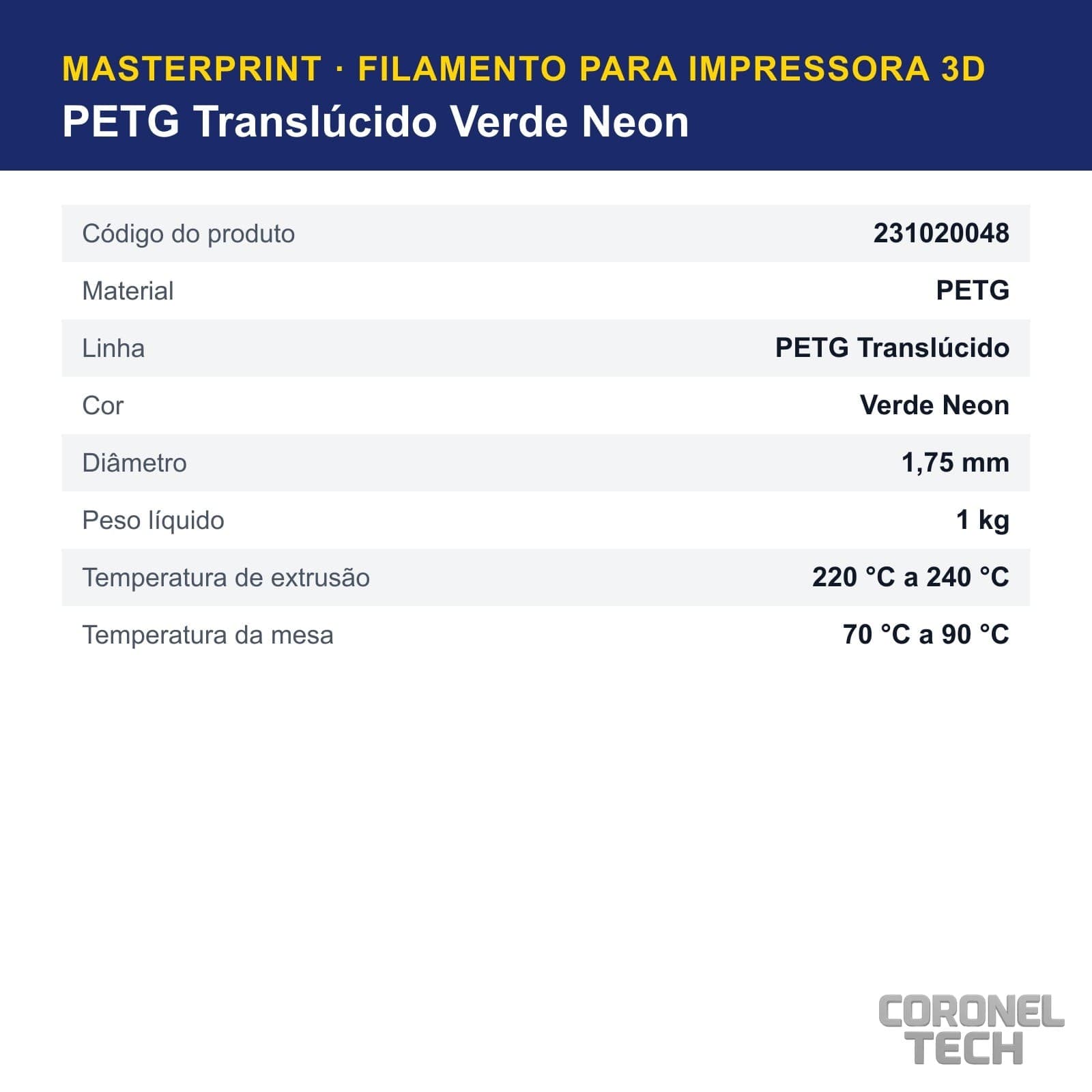 PETG Translúcido Verde Neon: dados e códigos do produto