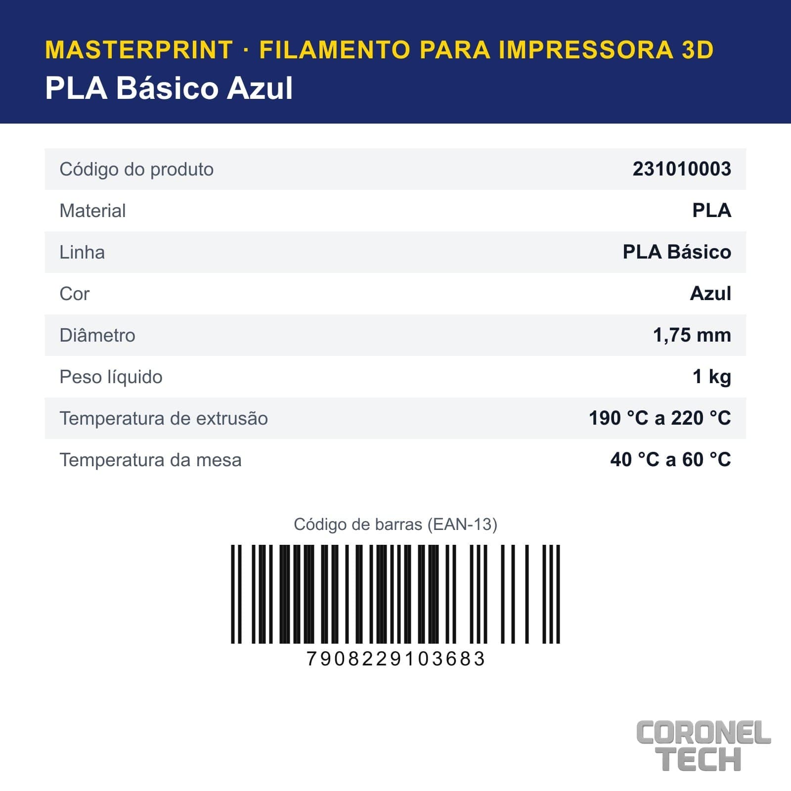 PLA Azul: dados e códigos do produto
