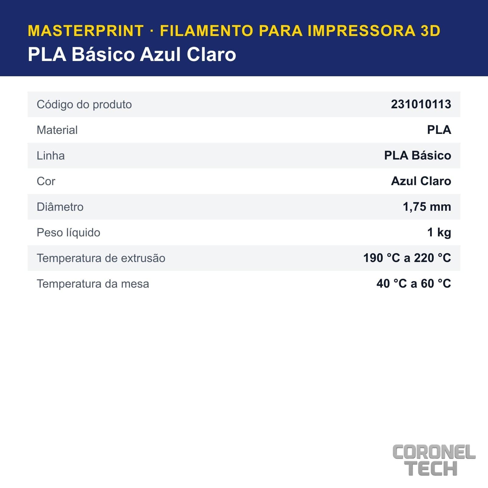 PLA Azul Claro: dados e códigos do produto