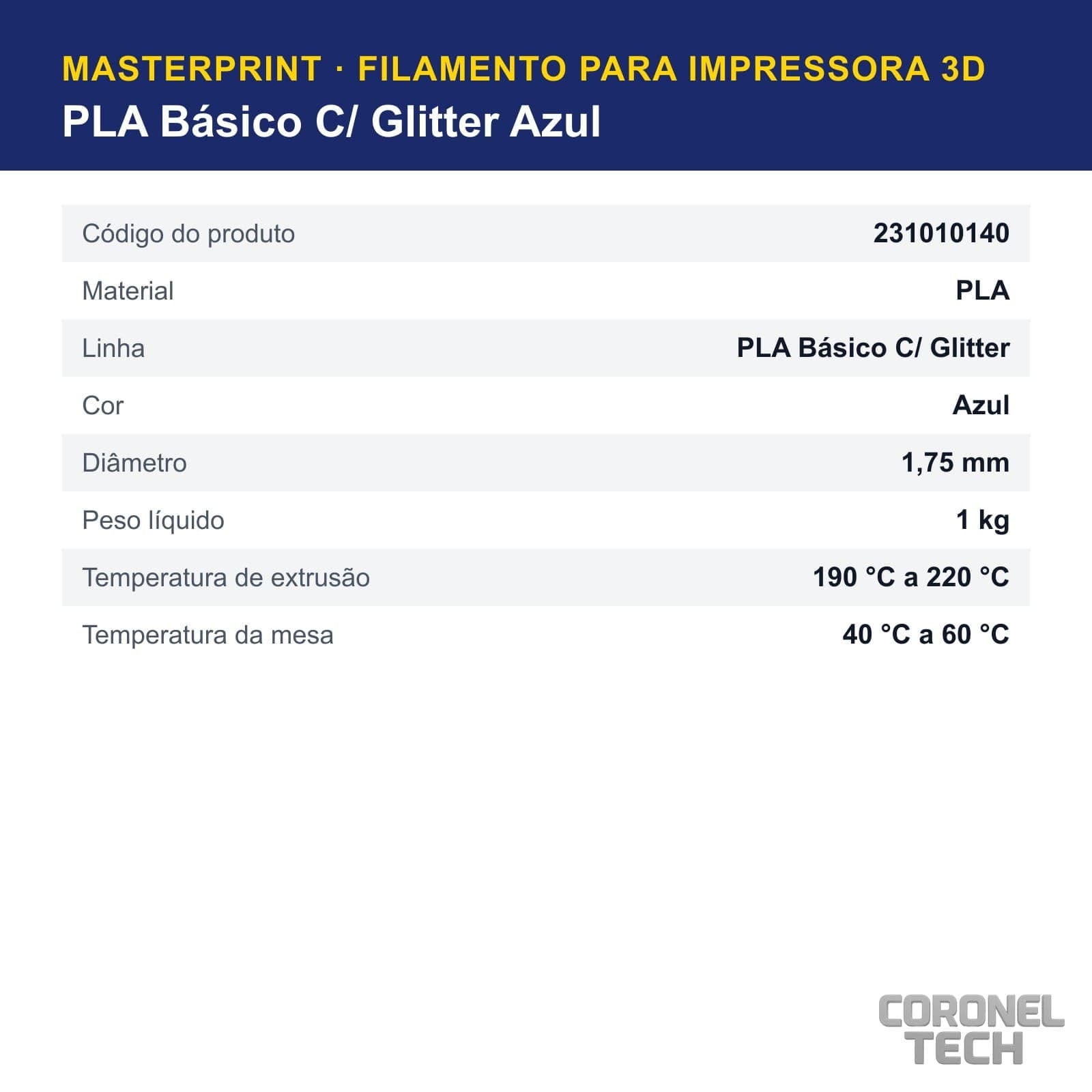 PLA C/ Glitter Azul: dados e códigos do produto