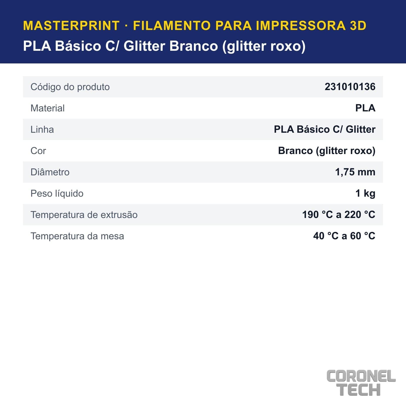 PLA C/ Glitter Branco (glitter roxo): dados e códigos do produto