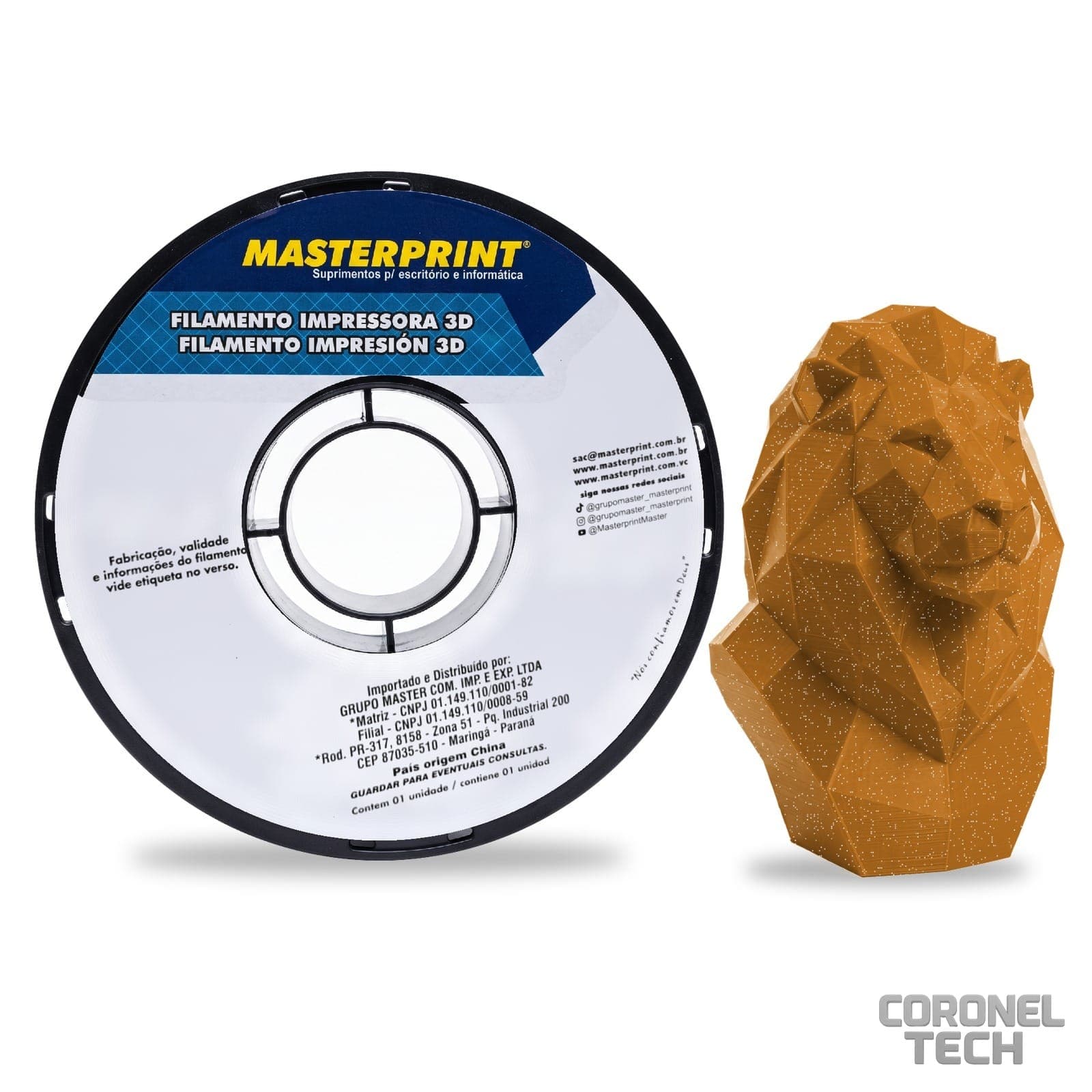 PLA C/ Glitter Marrom: rolo e peça impressa na cor do filamento