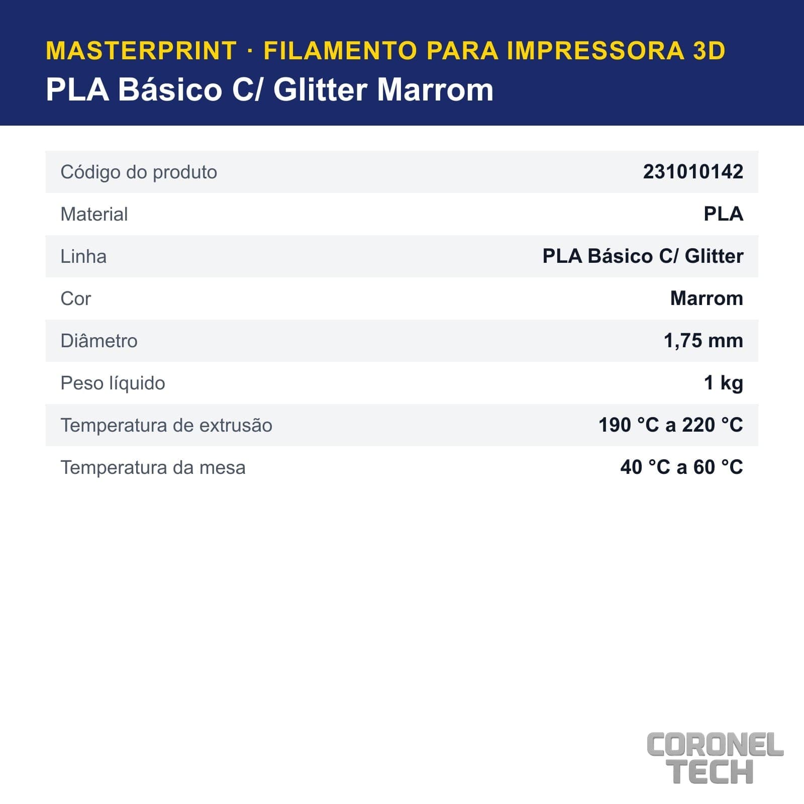 PLA C/ Glitter Marrom: dados e códigos do produto