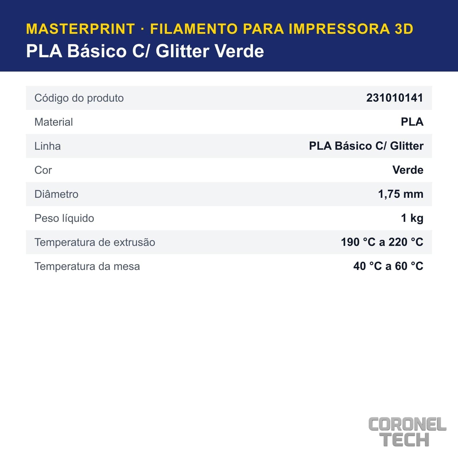 PLA C/ Glitter Verde: dados e códigos do produto