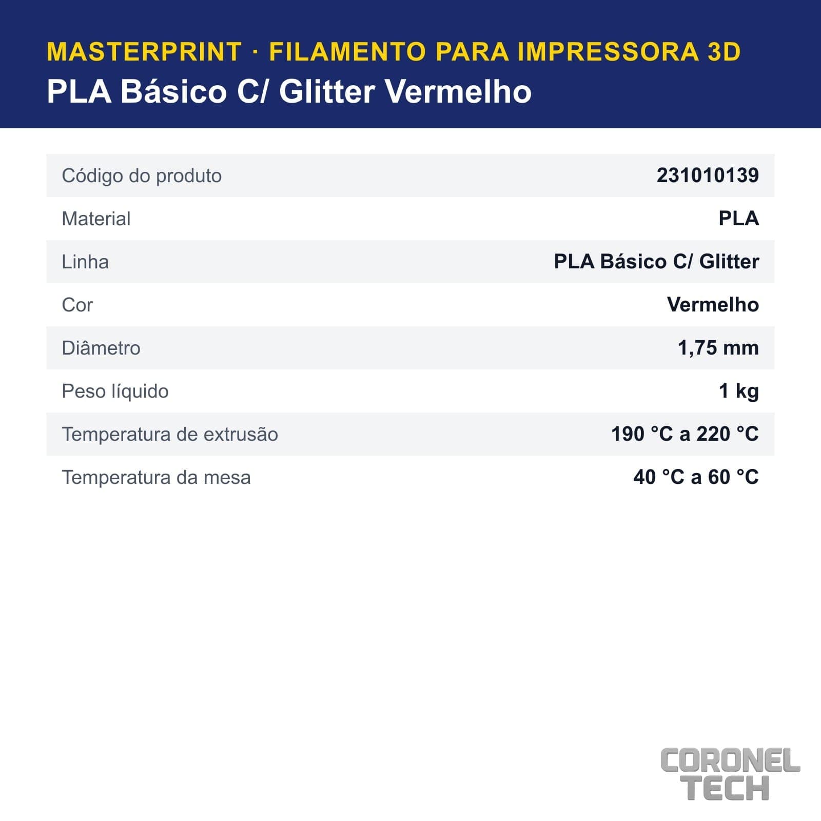 PLA C/ Glitter Vermelho: dados e códigos do produto