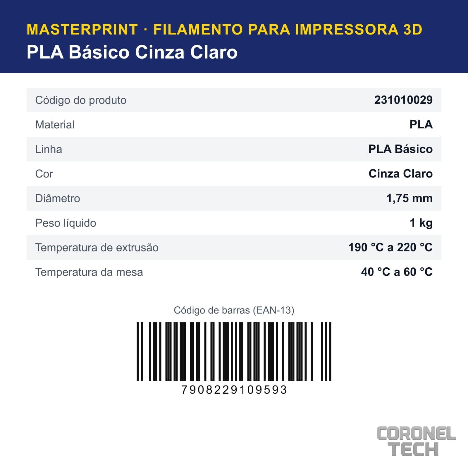 PLA Cinza Claro: dados e códigos do produto