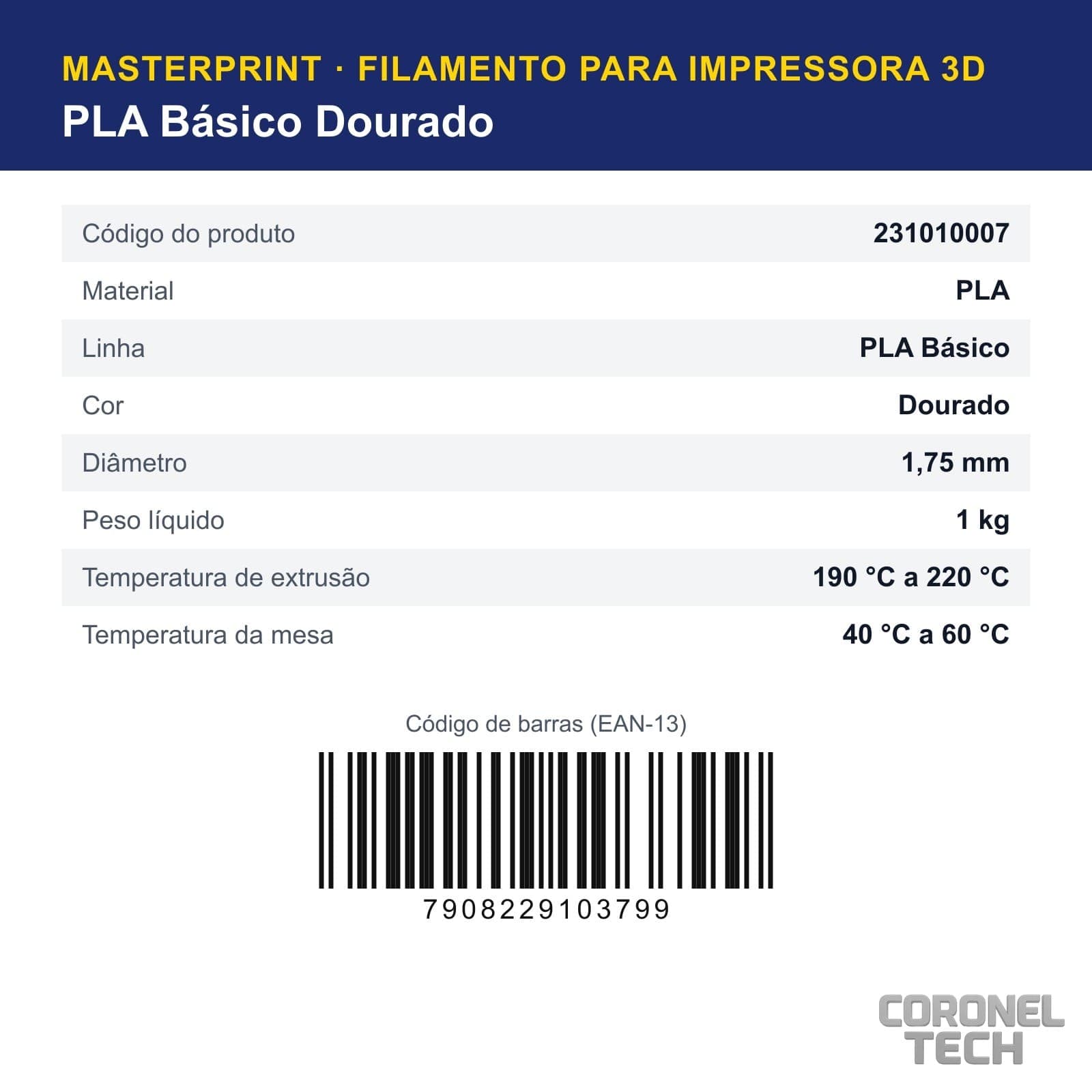 PLA Dourado: dados e códigos do produto