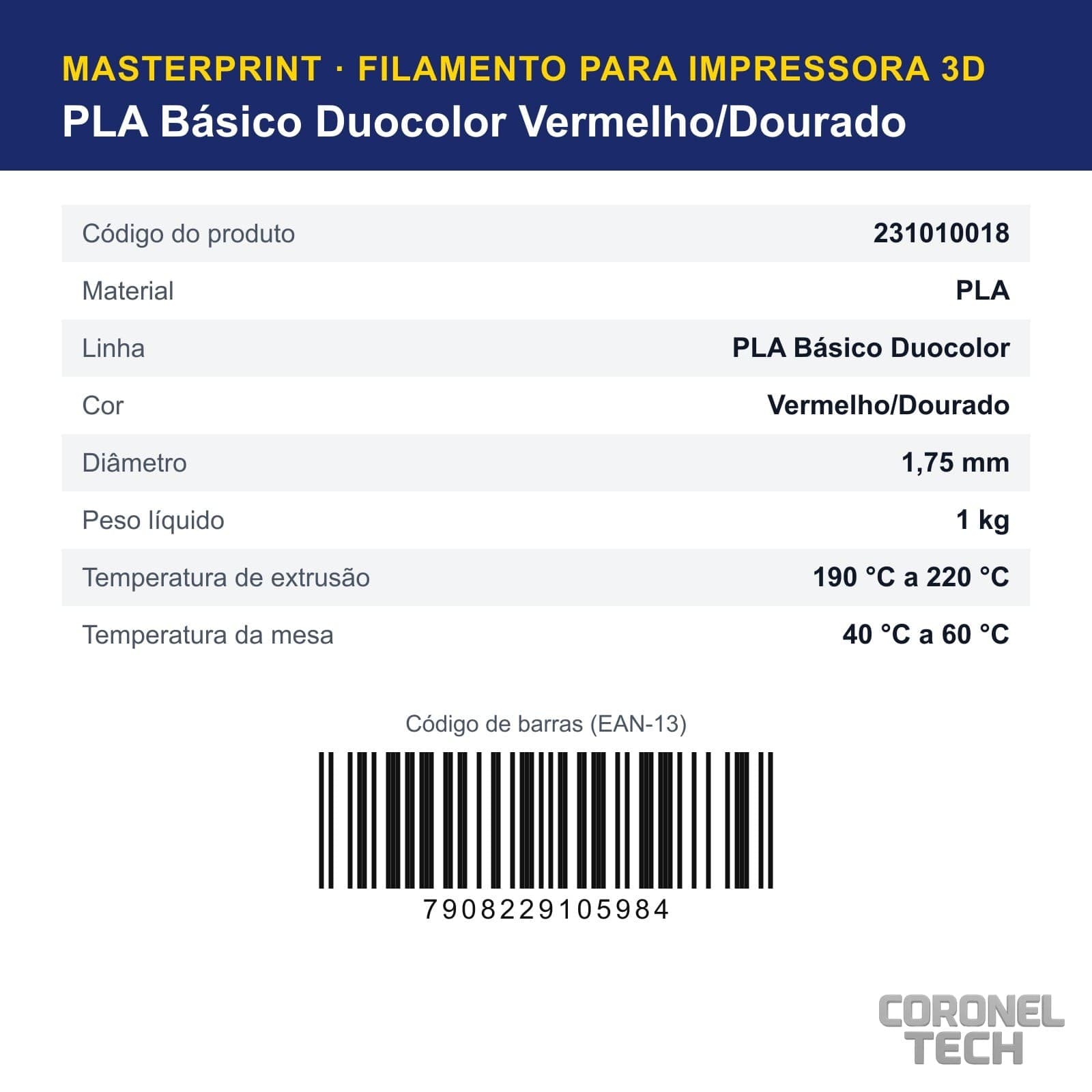 PLA Duocolor Vermelho/Dourado: dados e códigos do produto