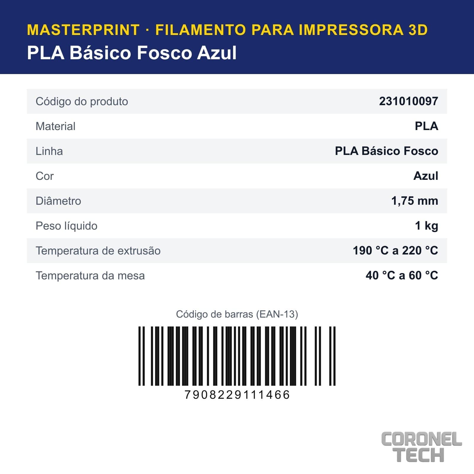 PLA Fosco Azul: dados e códigos do produto