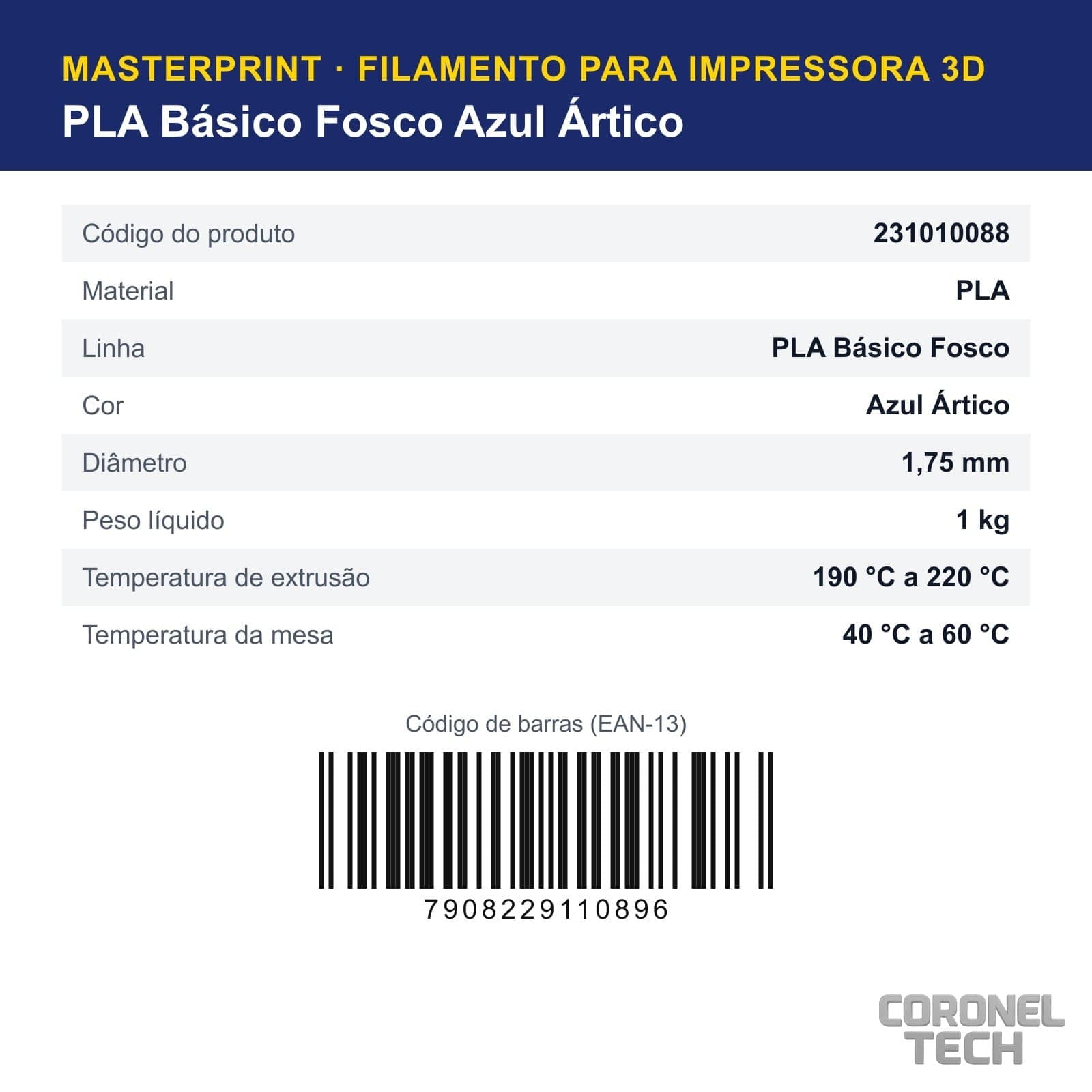 PLA Fosco Azul Ártico: dados e códigos do produto