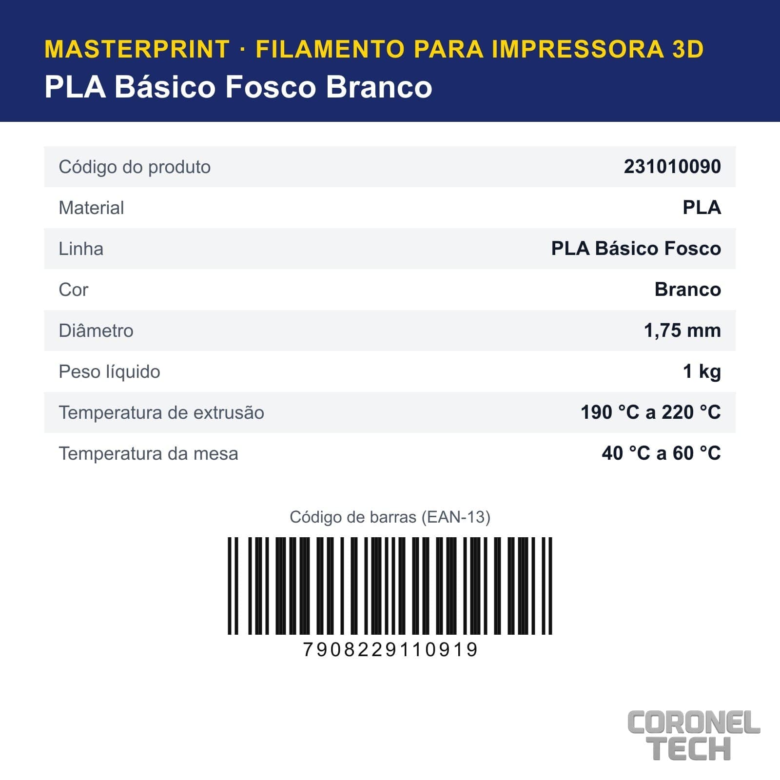 PLA Fosco Branco: dados e códigos do produto