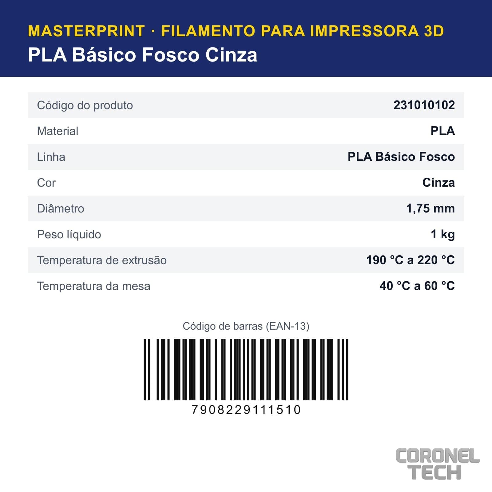 PLA Fosco Cinza: dados e códigos do produto