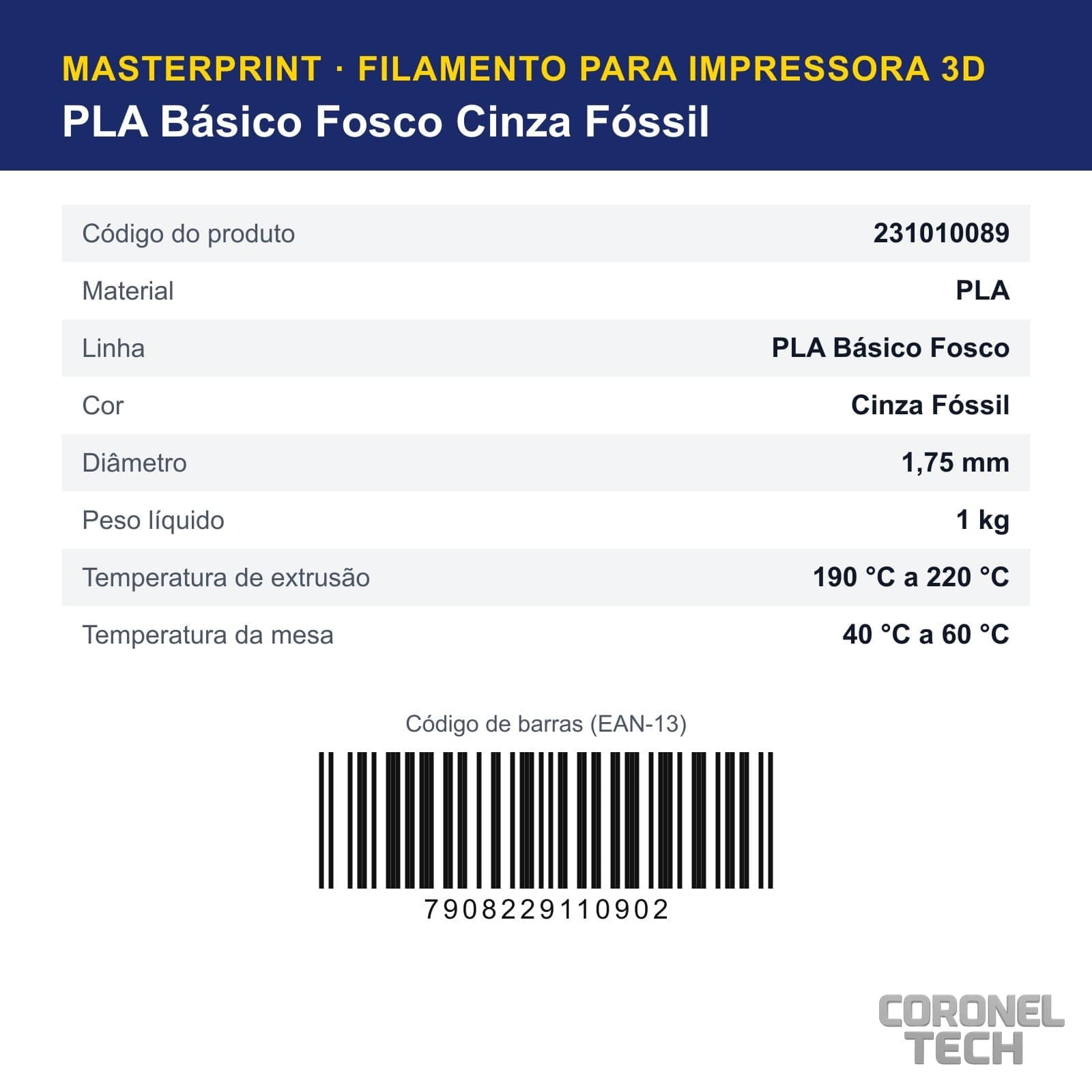 PLA Fosco Cinza Fóssil: dados e códigos do produto