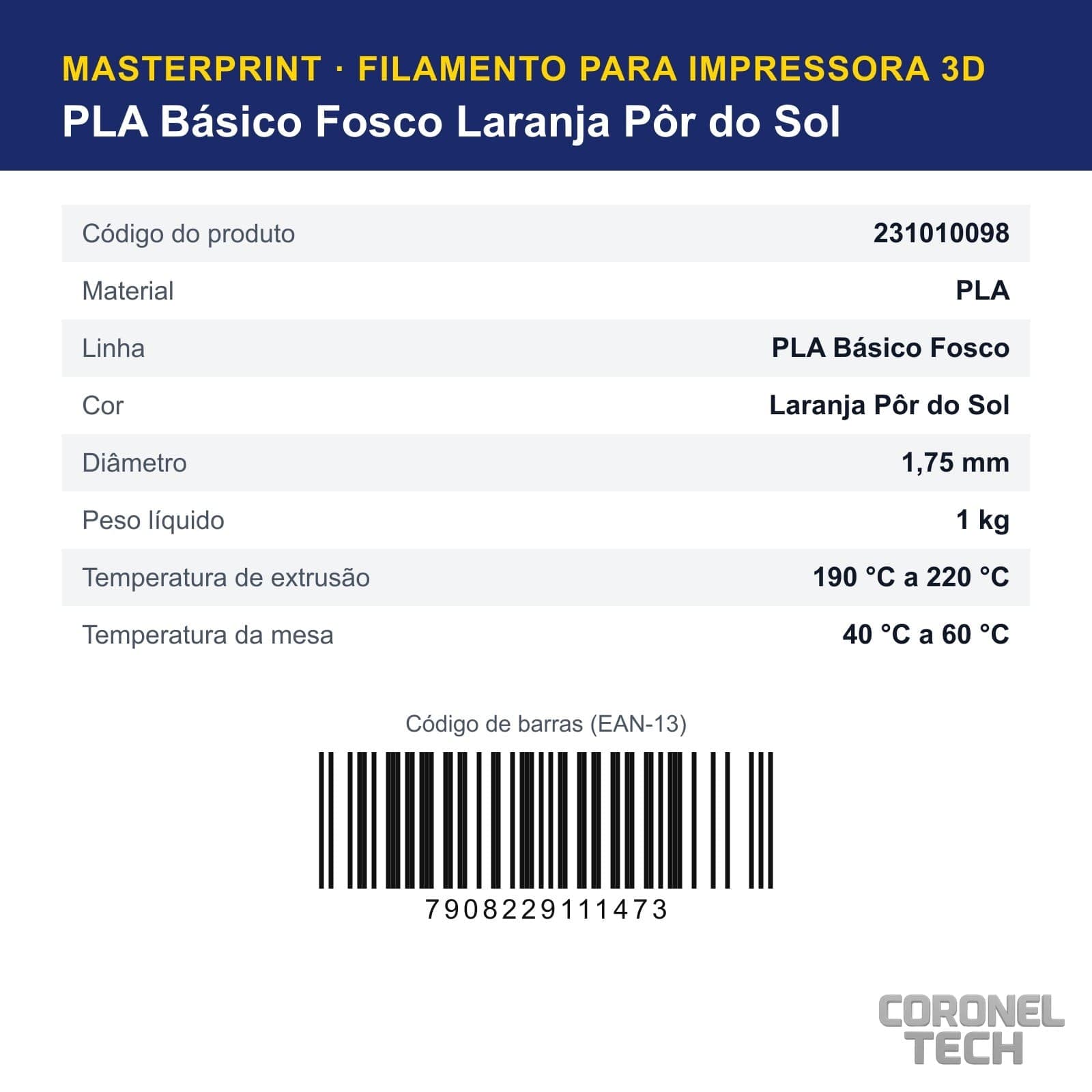 PLA Fosco Laranja Pôr do Sol: dados e códigos do produto