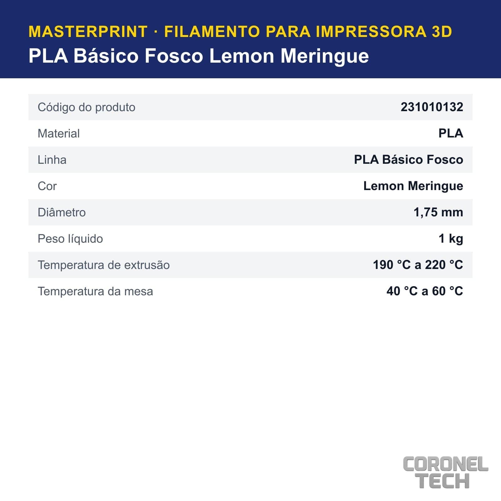 PLA Fosco Lemon Meringue: dados e códigos do produto