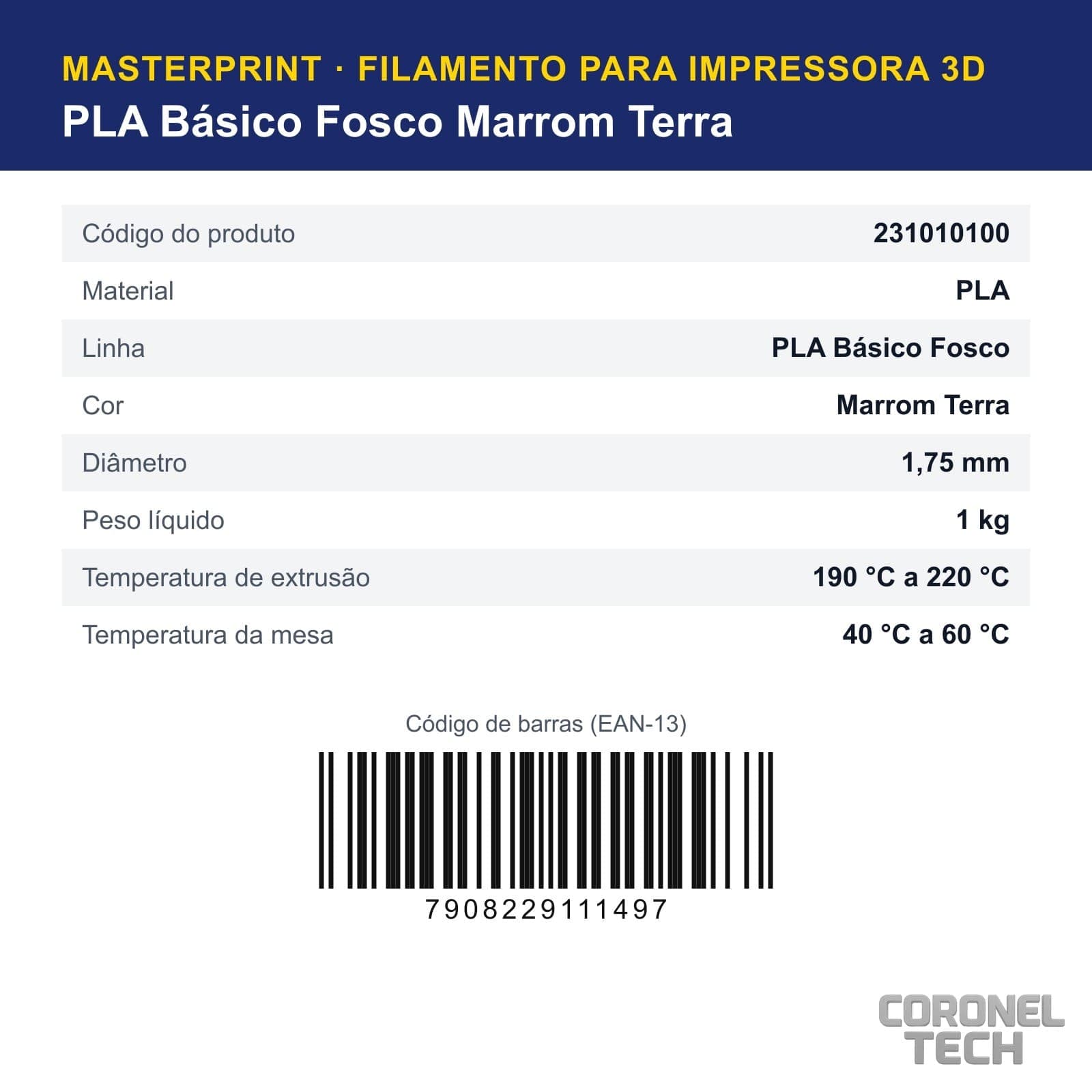 PLA Fosco Marrom Terra: dados e códigos do produto