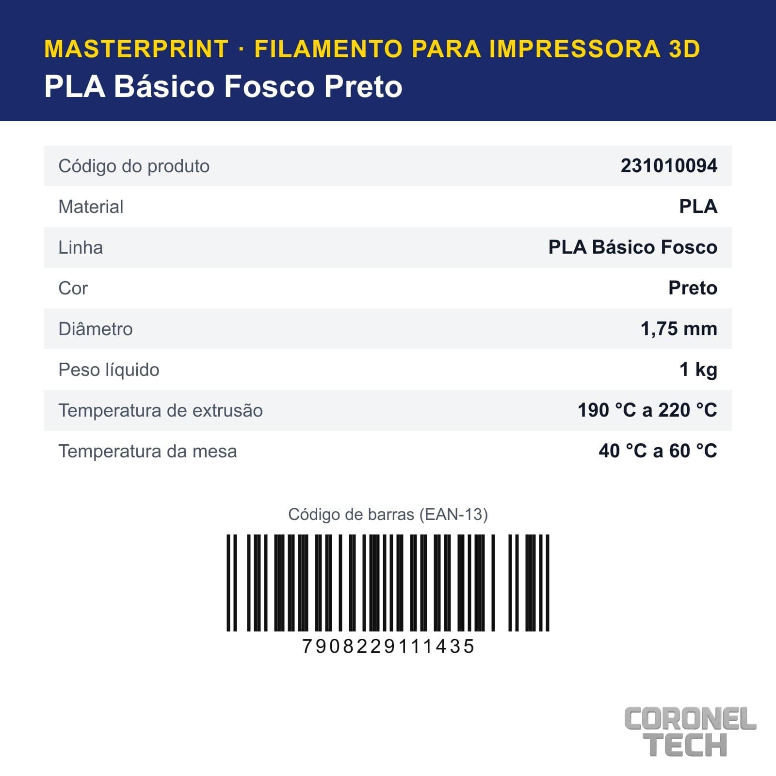 PLA Fosco Preto: dados e códigos do produto