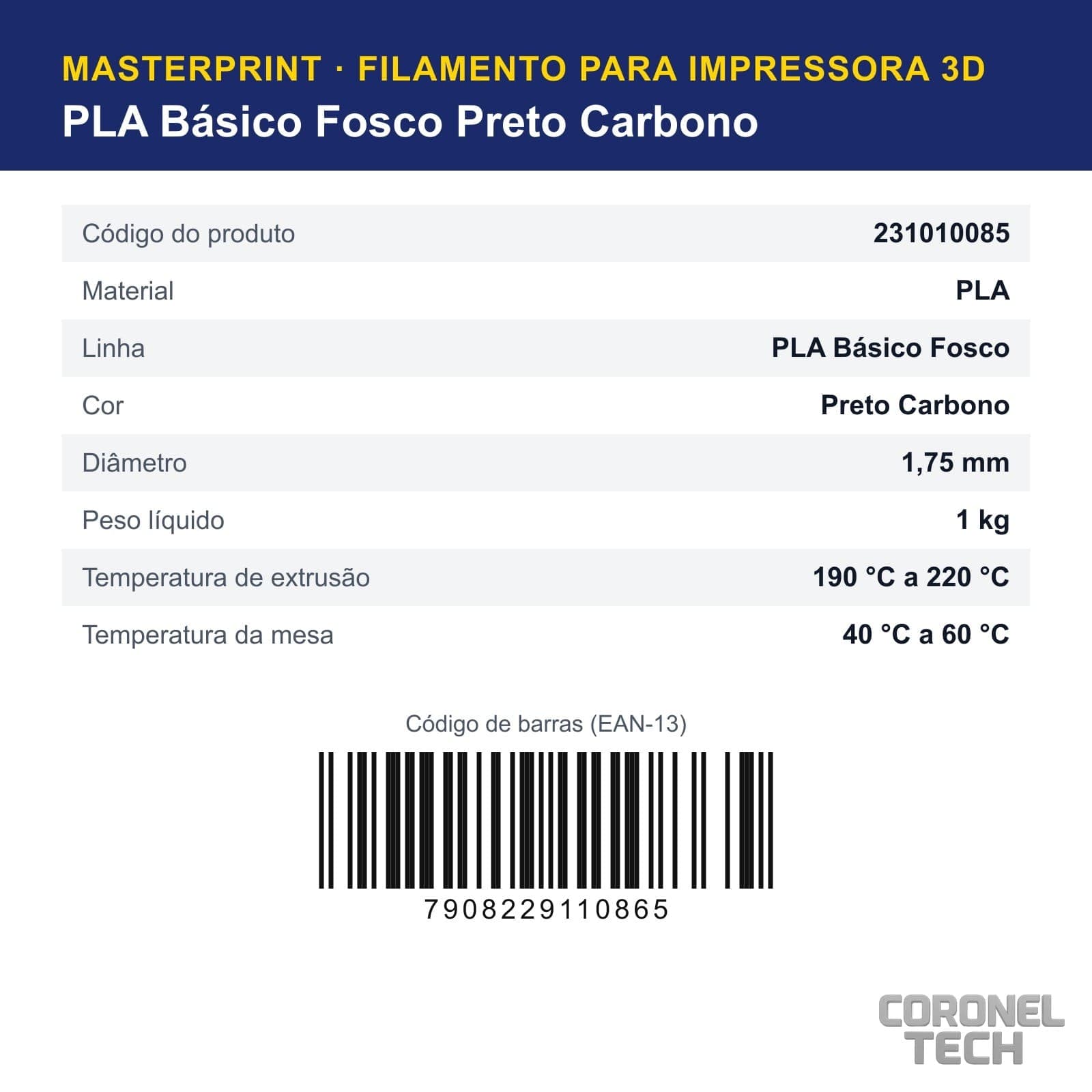PLA Fosco Preto Carbono: dados e códigos do produto