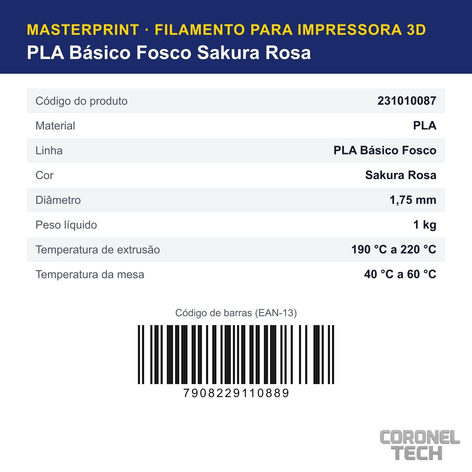 PLA Fosco Sakura Rosa: dados e códigos do produto