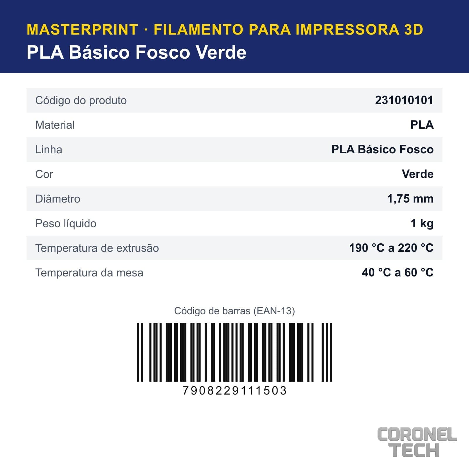 PLA Fosco Verde: dados e códigos do produto