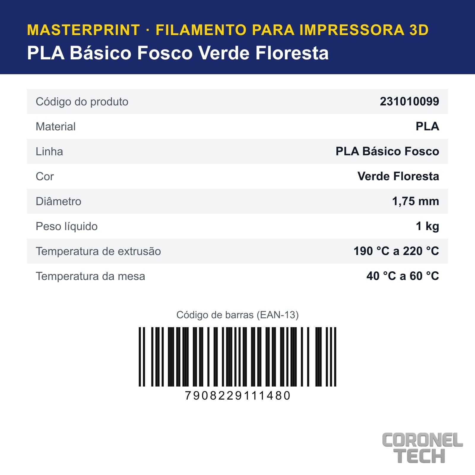 PLA Fosco Verde Floresta: dados e códigos do produto