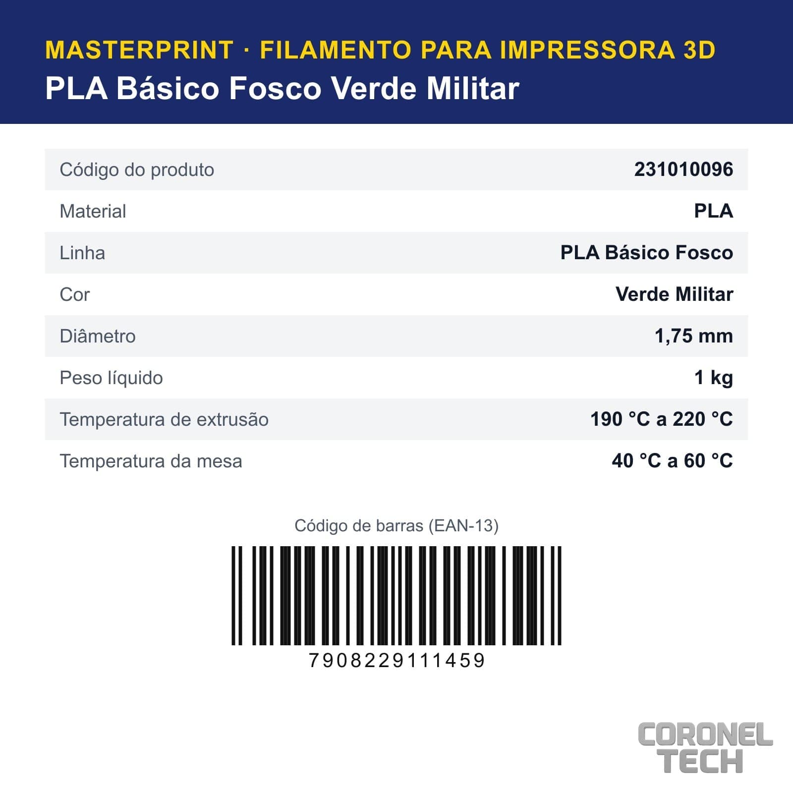 PLA Fosco Verde Militar: dados e códigos do produto