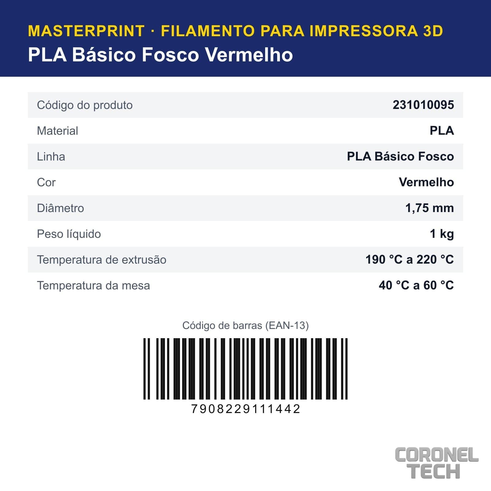 PLA Fosco Vermelho: dados e códigos do produto