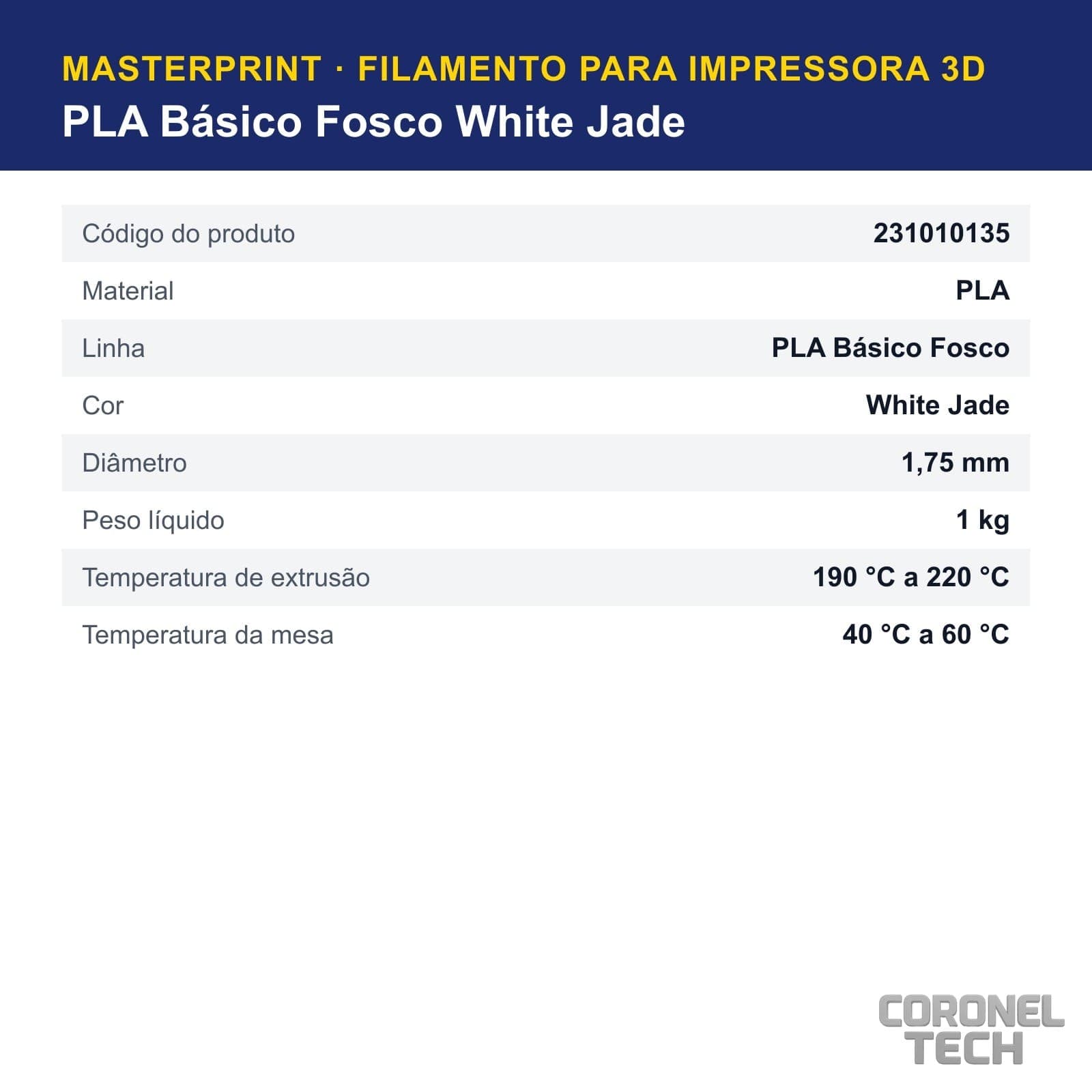 PLA Fosco White Jade: dados e códigos do produto